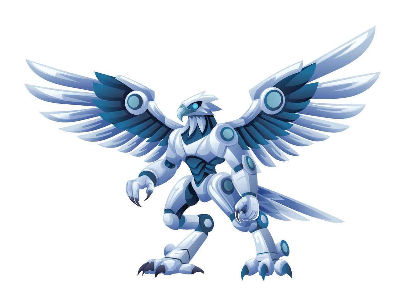 Robotic eagle with large wings spread, showcasing powerful mechanical build. Cartoon character illustration vector