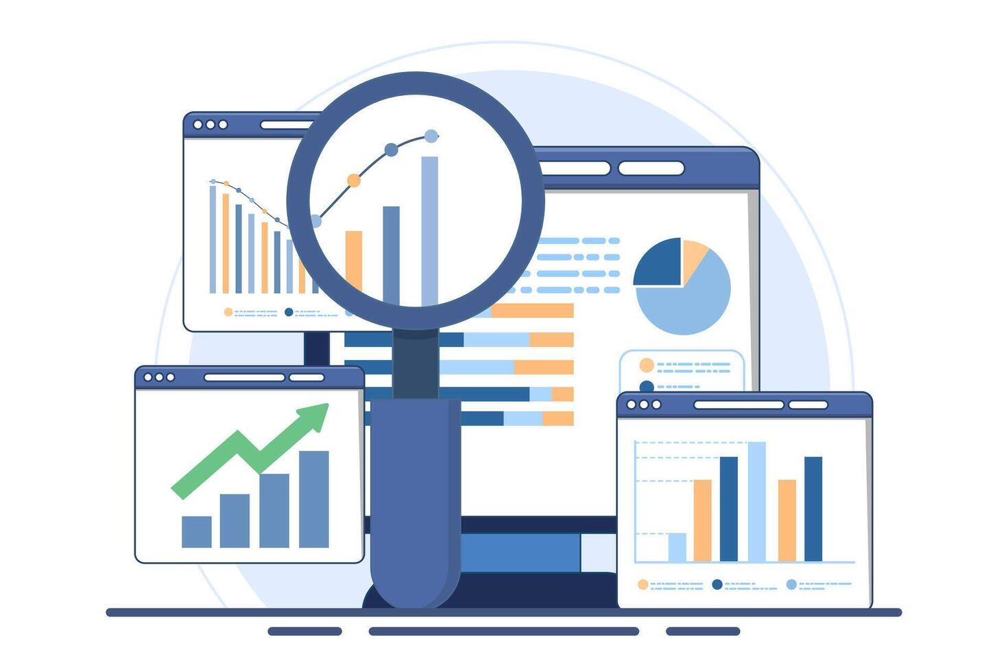analytics and monitoring concept, web reporting dashboard and data analytics research for business financial planning. Flat illustration design on background. vector
