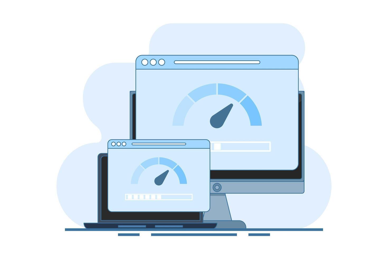 Internet speed concept. Smartphone, laptop and computer with internet connection speed test on screen, internet download speed and network performance on flat web page illustration. vector