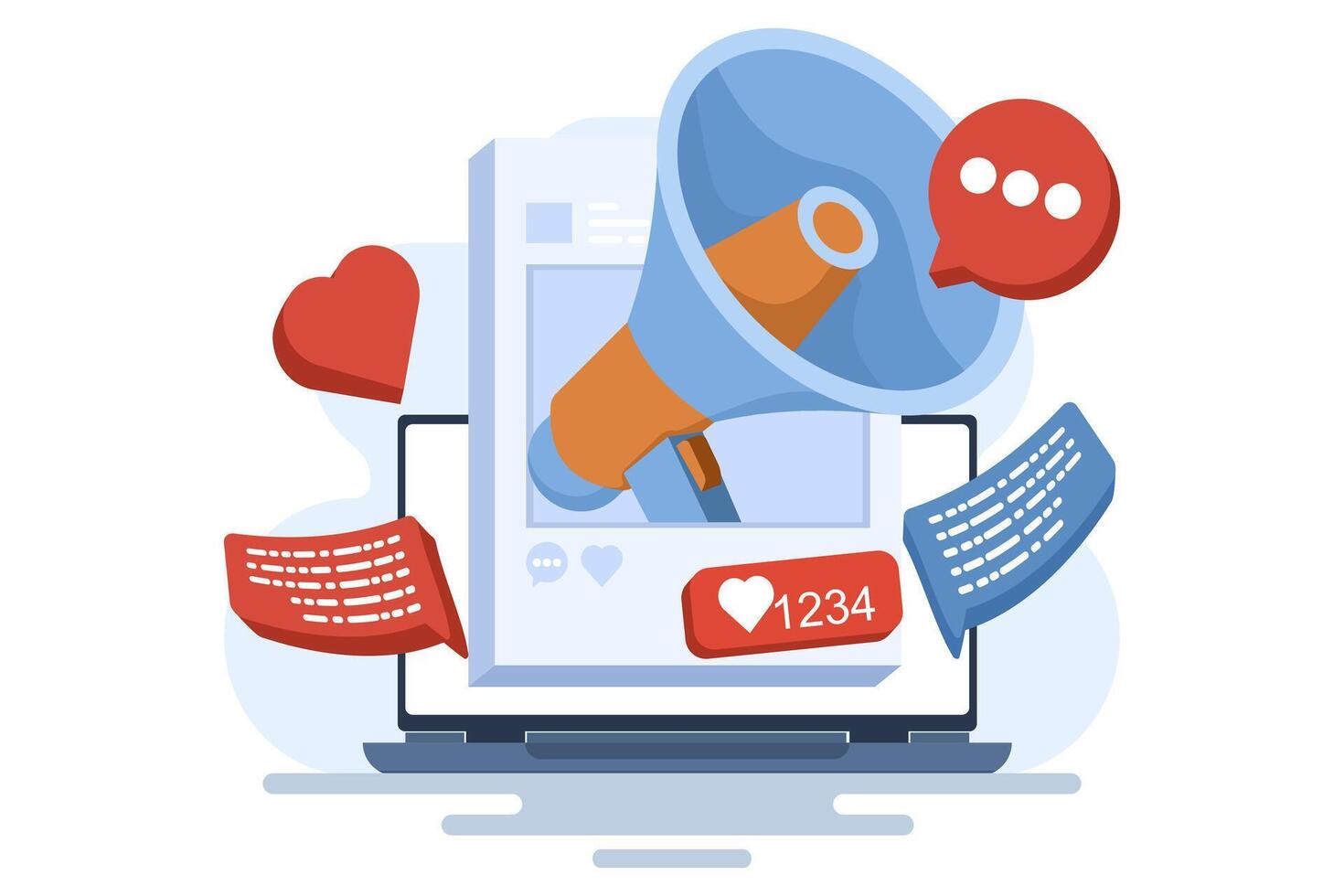 Digital marketing concept. Megaphone loudspeaker to announce digital marketing composition. Emoji sound icon love heart, like, share comment. Loudspeaker alert icon illustration. vector