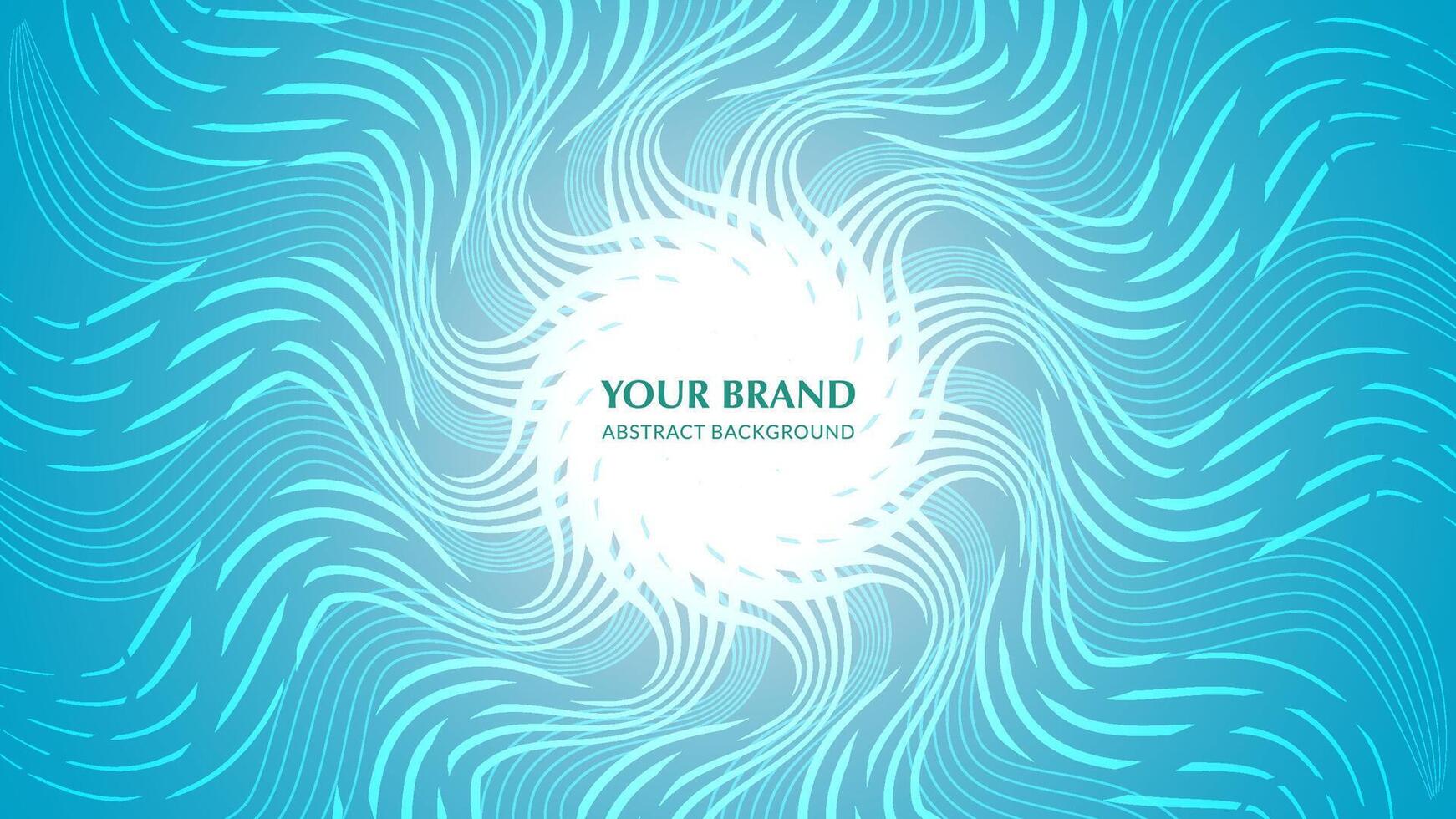 A vibrant abstract illustration with swirling, wavy turquoise lines radiating from a bright white center on a gradient blue background. The design exudes energy, fluidity, and motion. vector