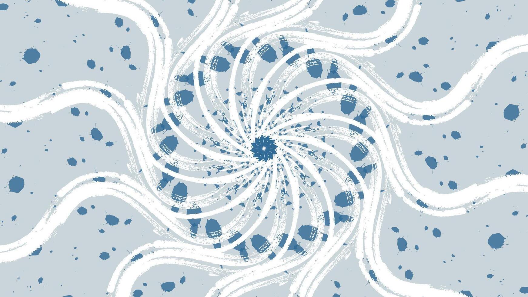 a spiral pattern of textured white lines with scattered blue splatters on a light gray background. The design evokes a dynamic, swirling motion with a distressed, grunge-like aesthetic vector