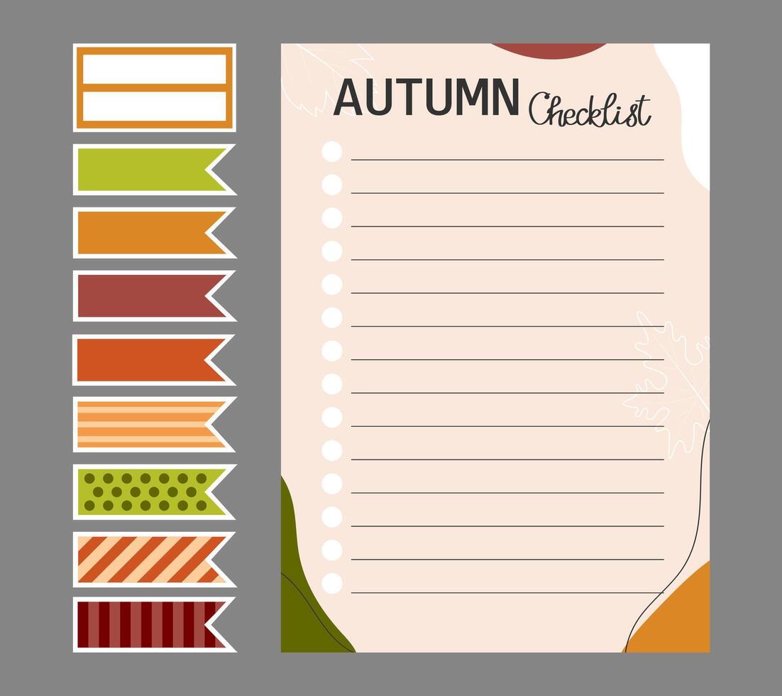 Template of Autumn checklist and stickers in a cozy fall palette.Illustration for agenda, planner, checklist, book, note, memo, card and other stationery. Layout in A4, A5, A6. vector