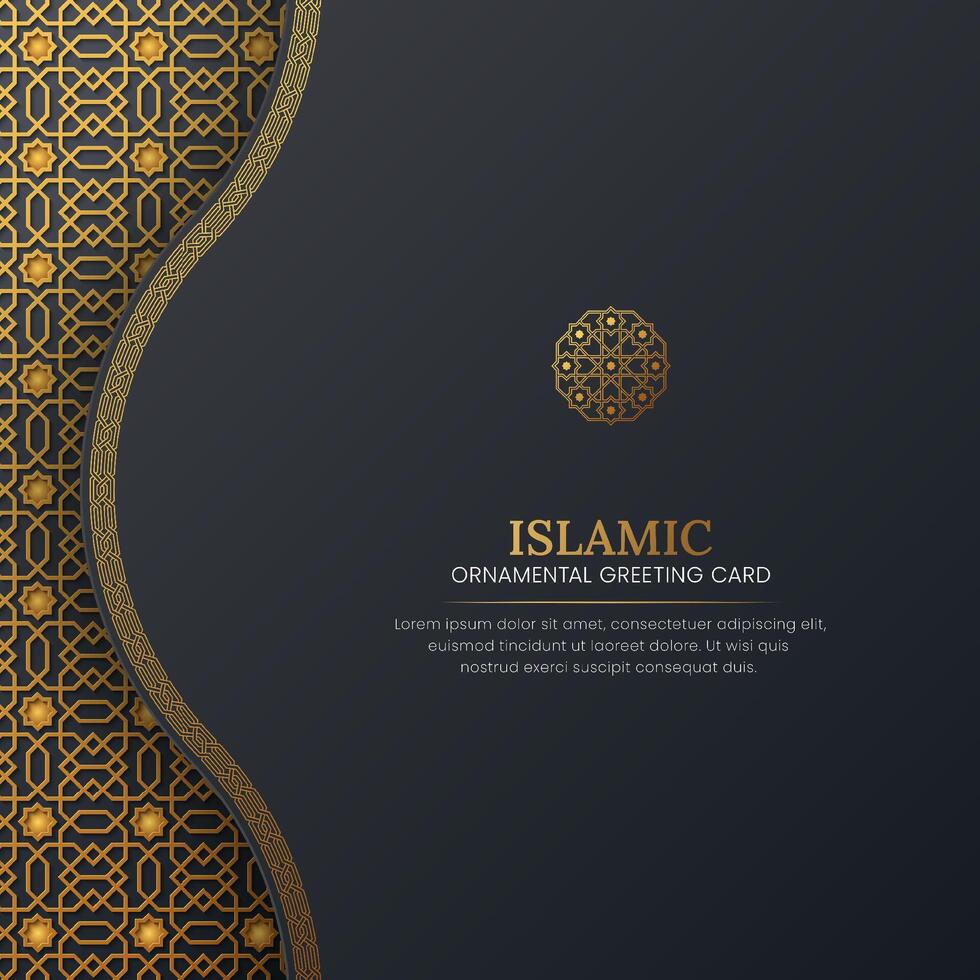 Islamic ornamental dark luxury greeting card, social media post template with geometric border and pattern vector