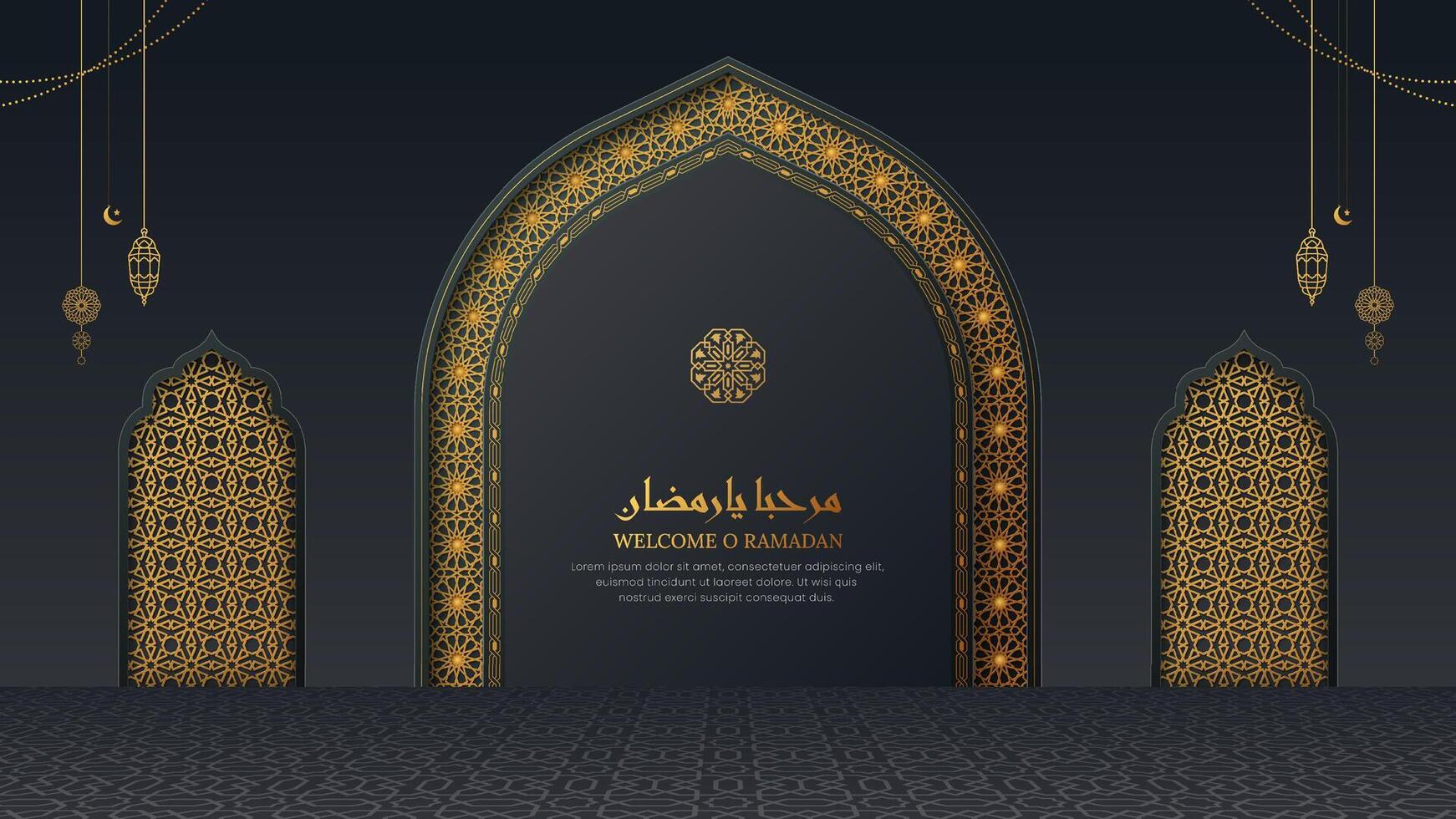 Marhaba Ya Ramadan black and golden luxury backdrop background with Islamic ornaments and patterns vector