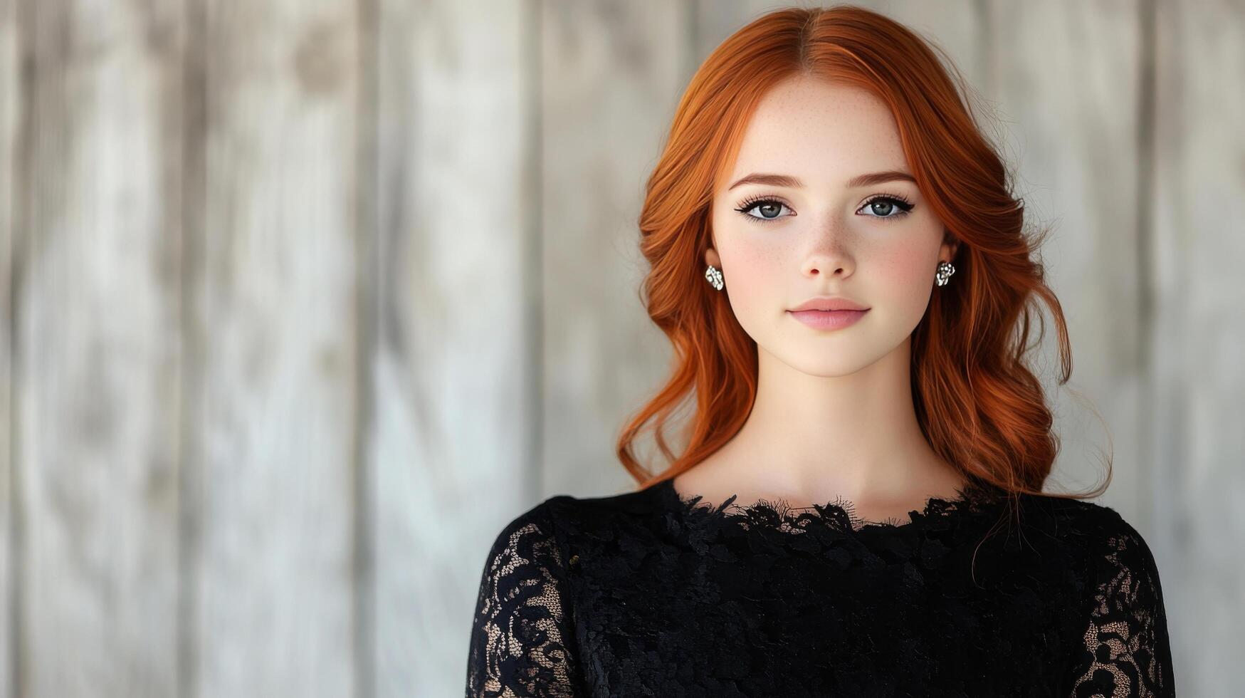 Young woman with red hair poses in elegant black lace dress against a wooden backdrop photo