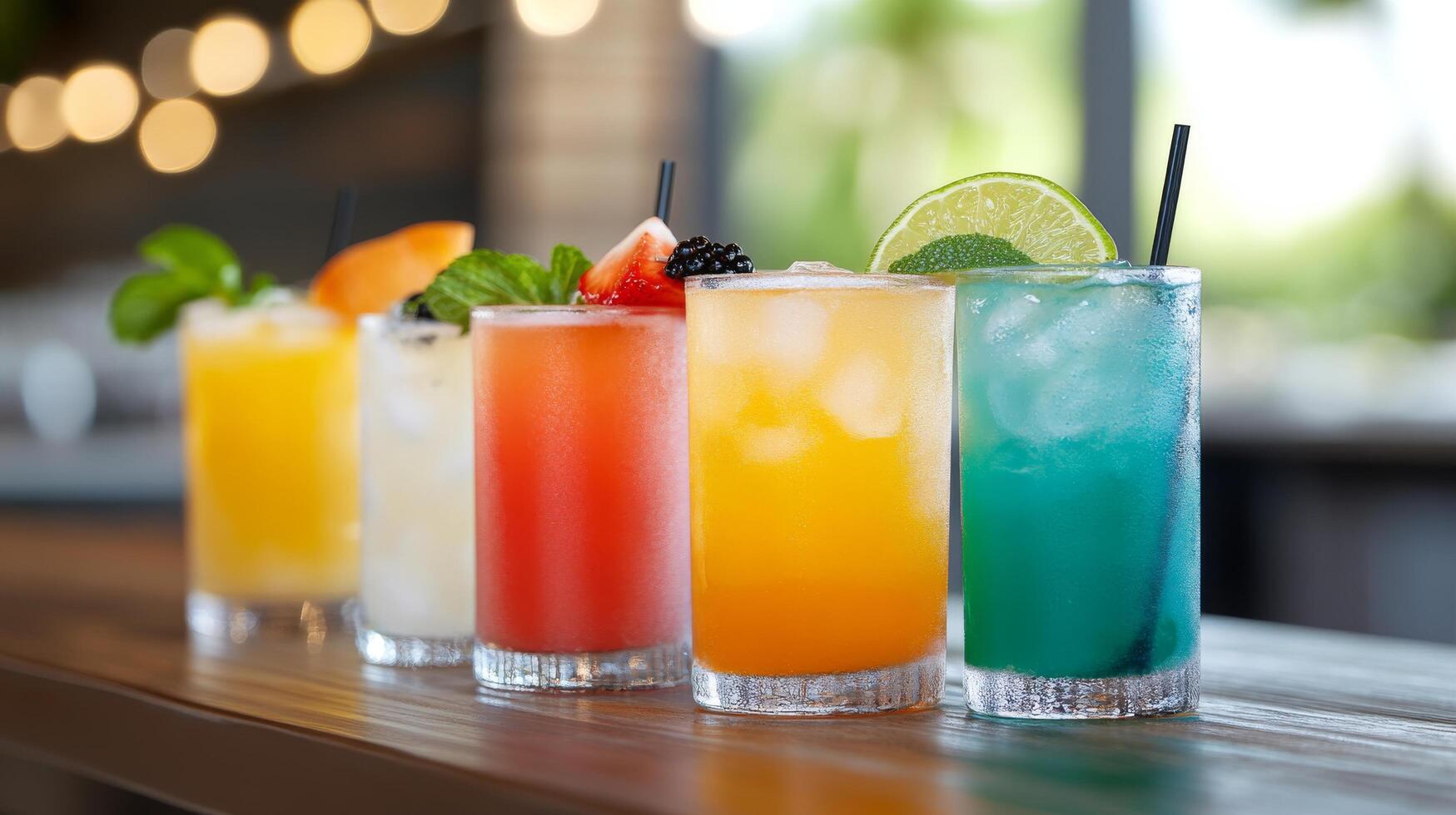 Colorful cocktails on a wooden table at a lively bar during a sunny afternoon photo