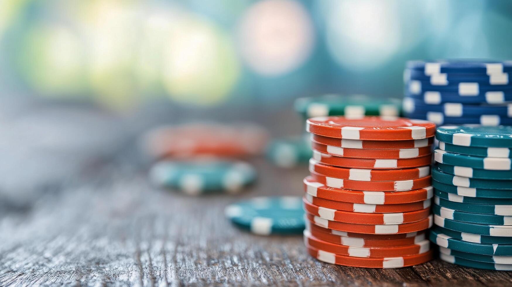 Stacks of colorful poker chips on a wooden table with blurred background lights photo