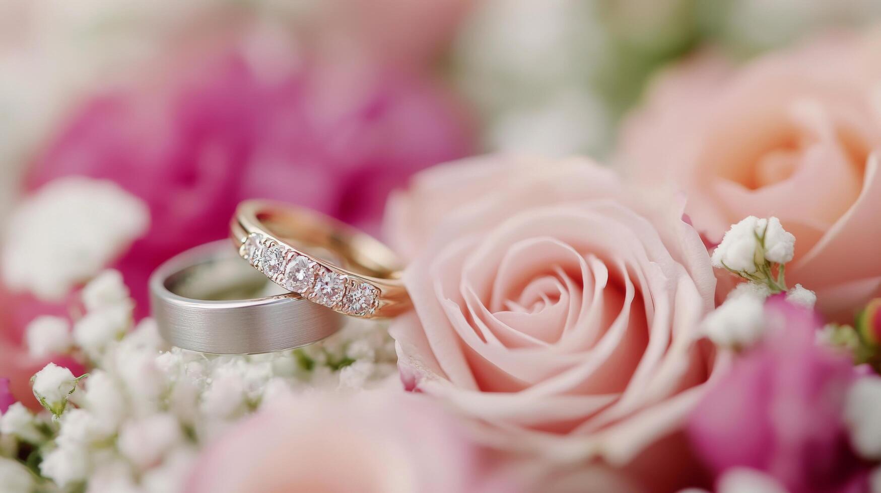 Elegant wedding rings surrounded by soft pink roses and delicate white flowers photo