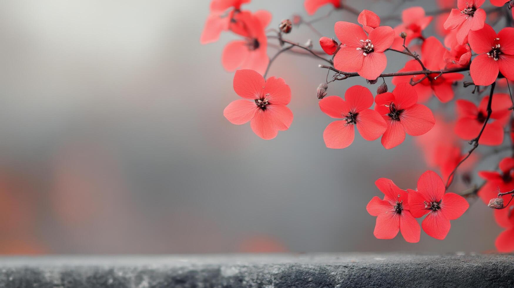 Vibrant red flowers bloom on a stone wall during a sunny spring day photo