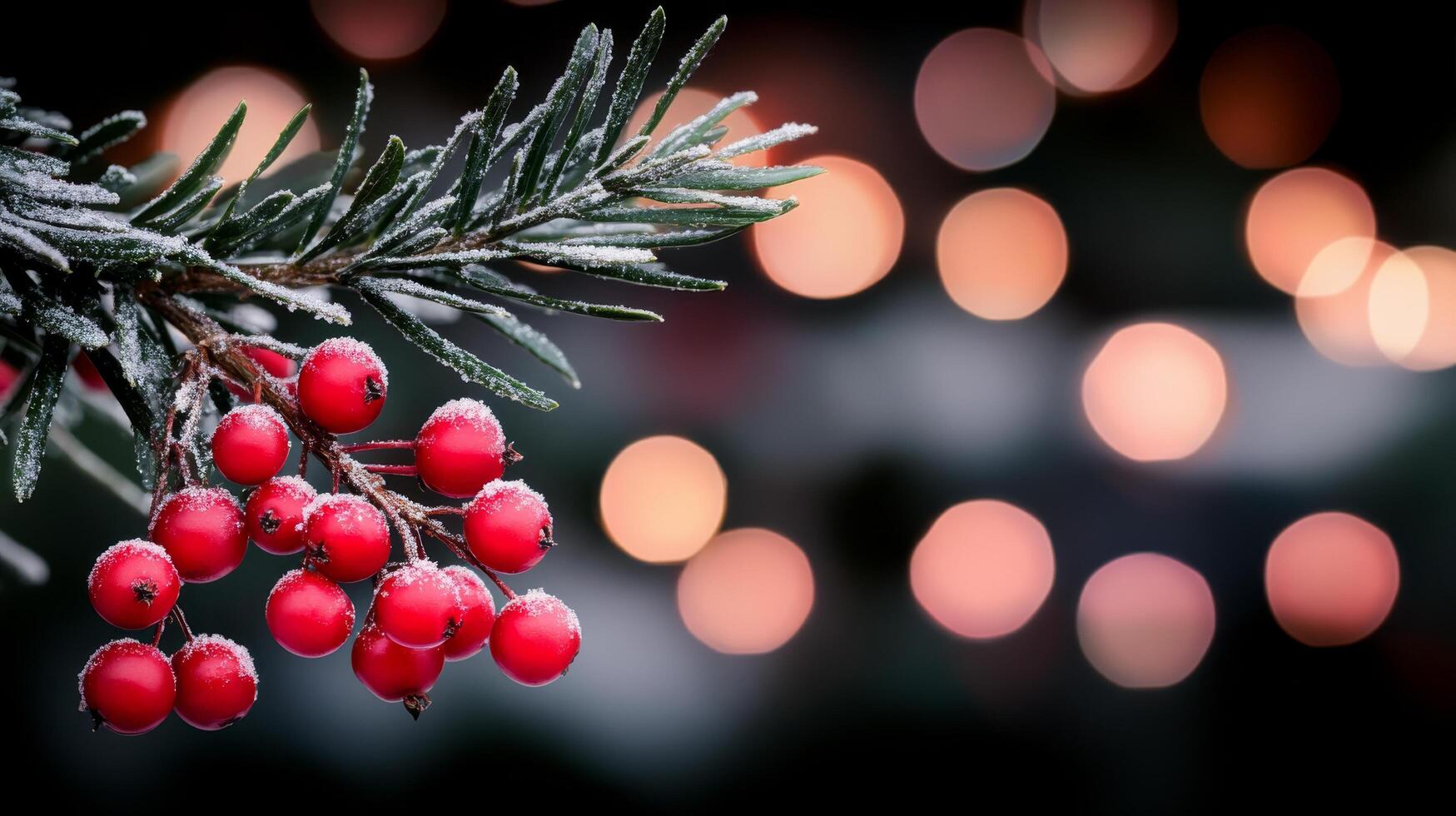 Frosted red berries and evergreen branches with soft glowing lights during winter photo