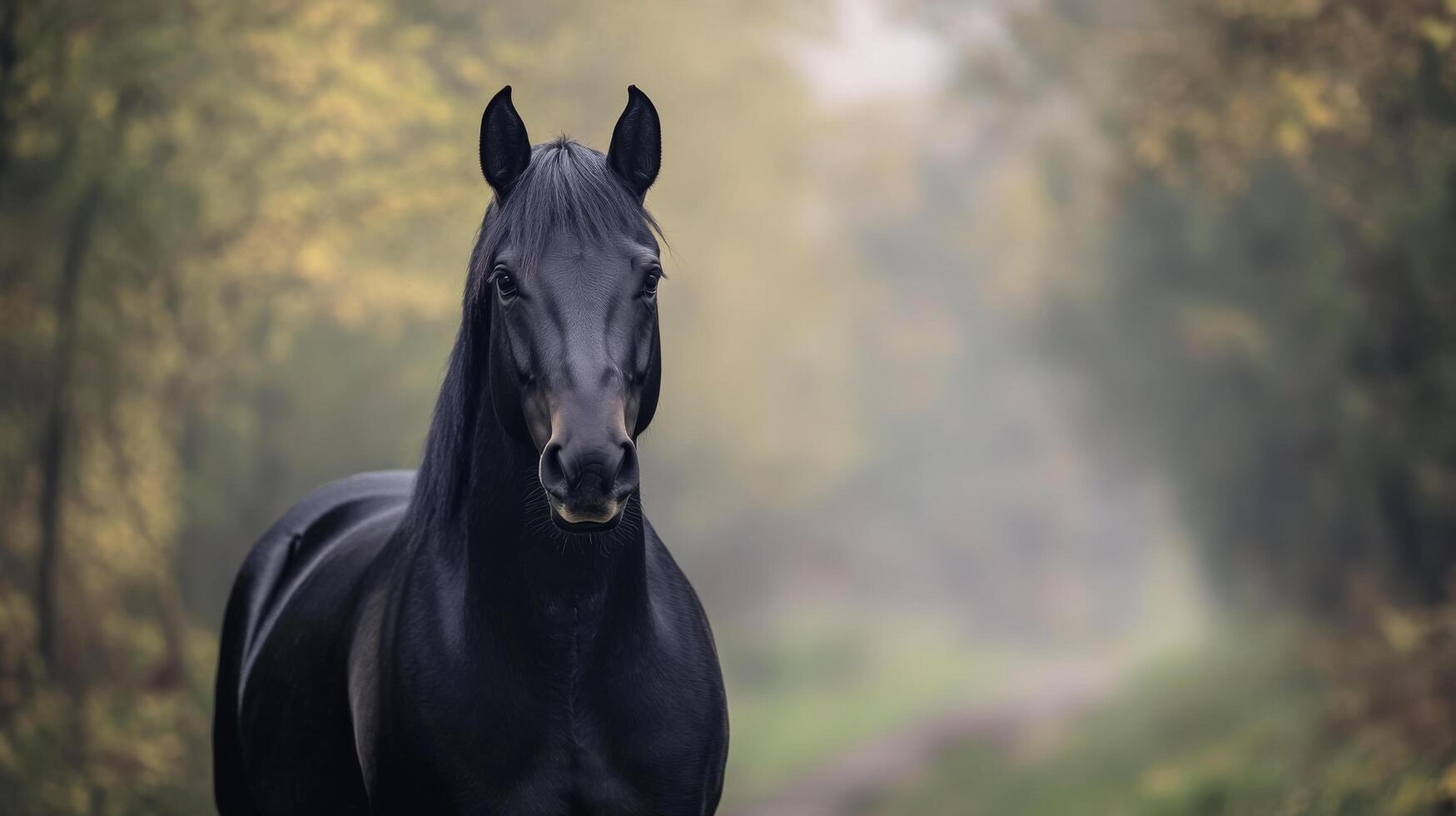 Black horse standing on a foggy path surrounded by autumn foliage at dawn photo