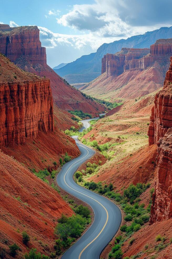 Winding road through red rock canyons under a clear blue sky photo