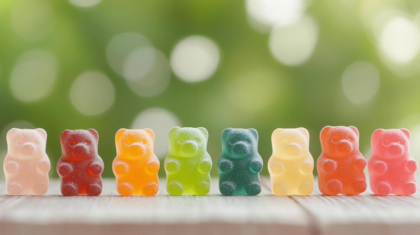 Colorful gummy bears lined up on a wooden surface in soft natural light photo