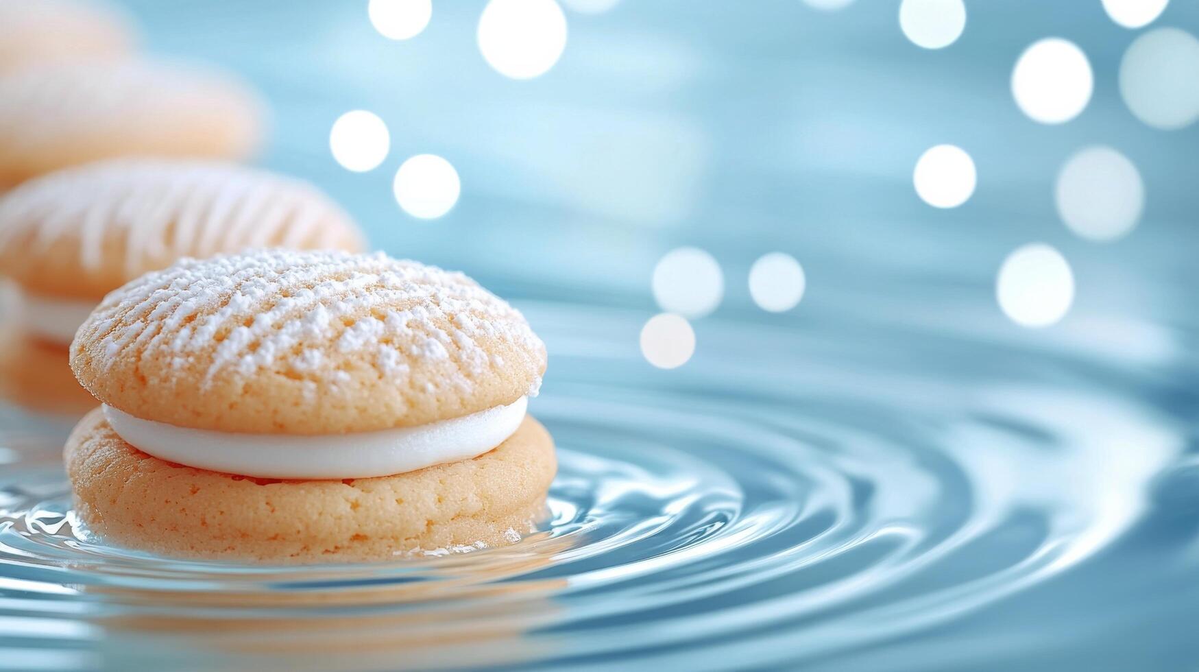 Cookies resting on water surface with ripples and droplets during a serene moment photo