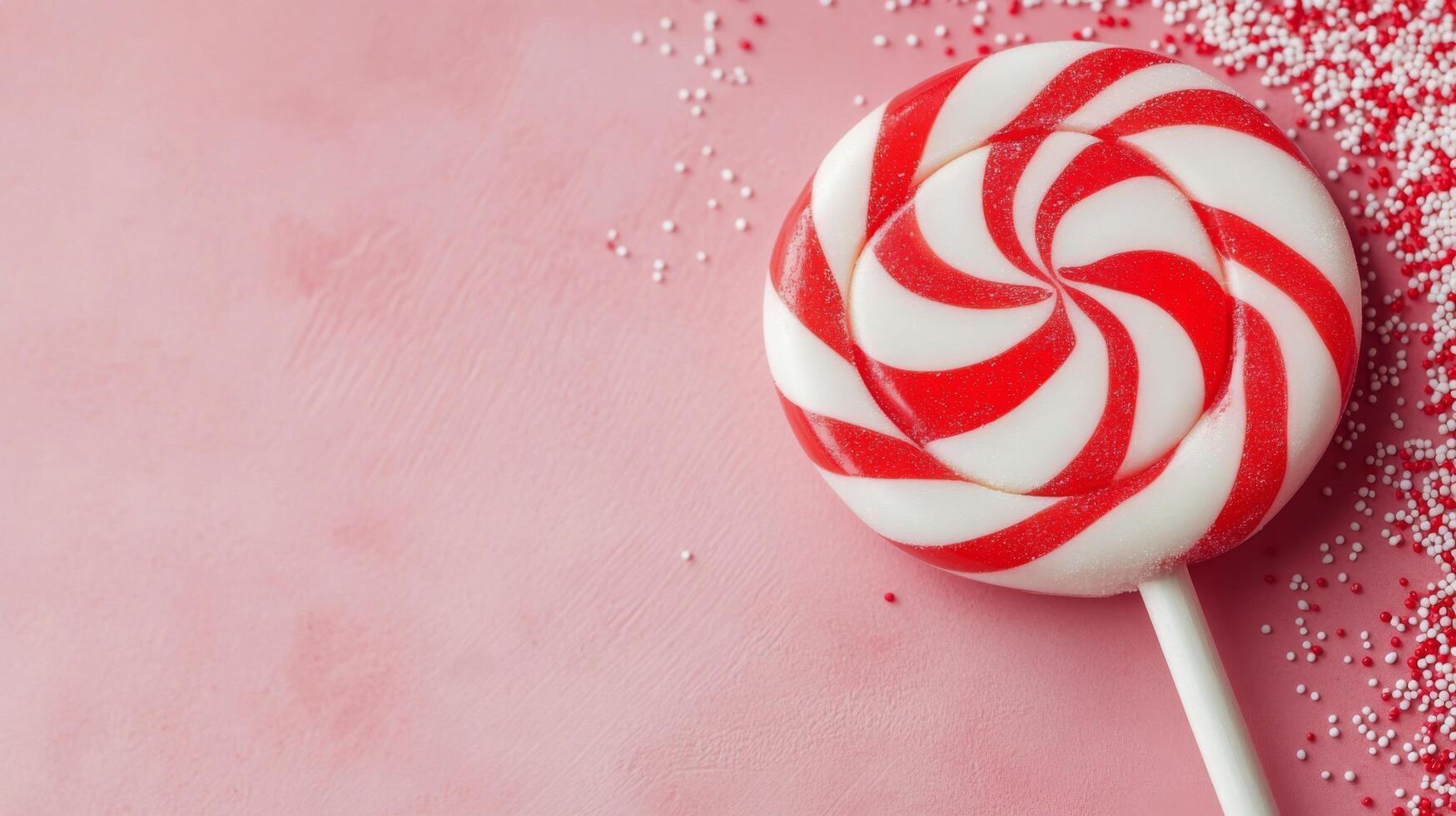 Red and white swirled lollipop against a pink background photo