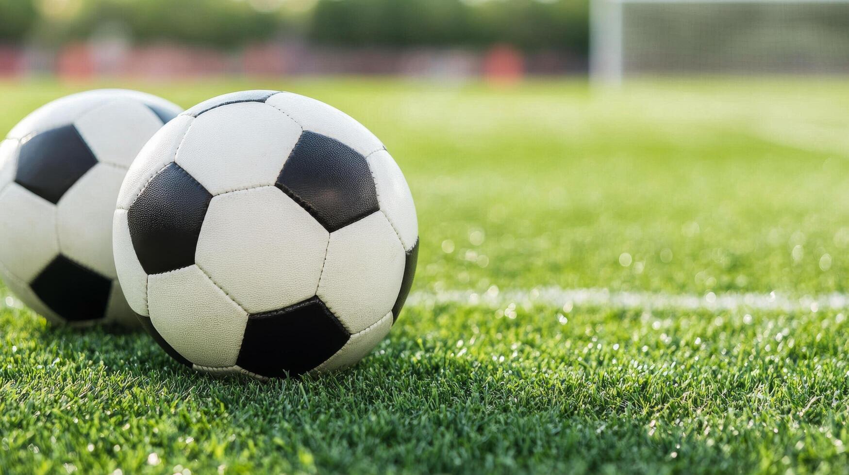 Soccer balls resting on green grass in a bright outdoor field photo