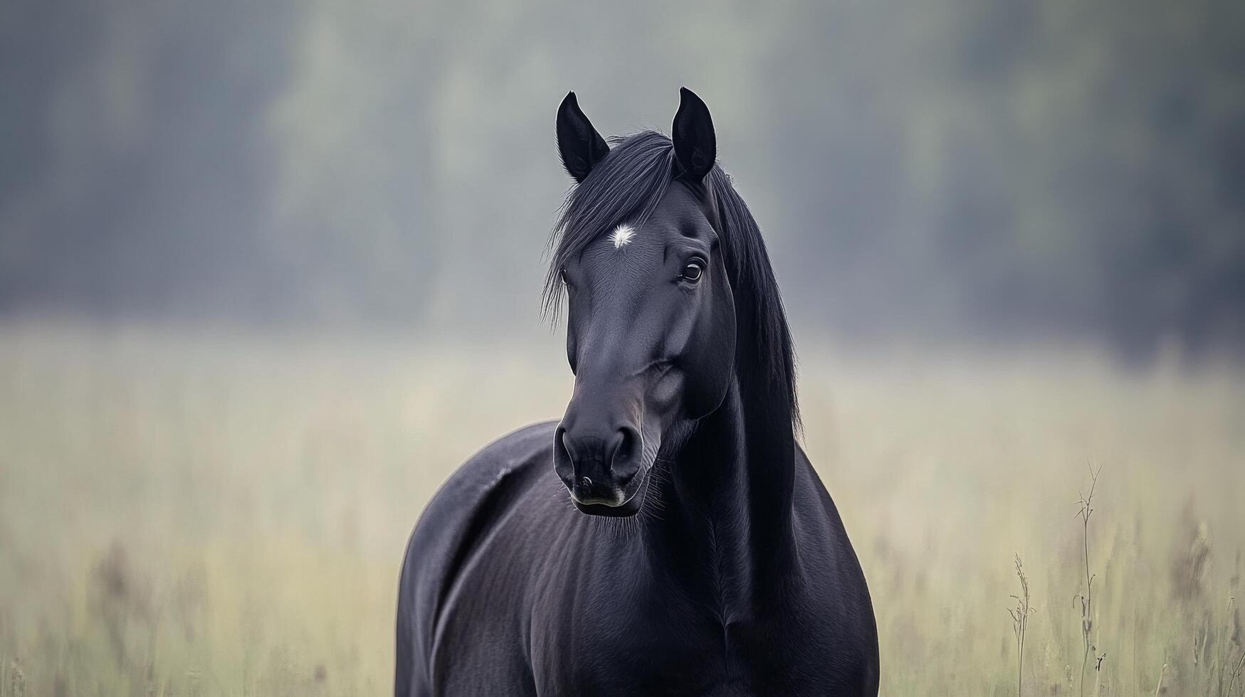 Black horse standing on a foggy path surrounded by autumn foliage at dawn photo