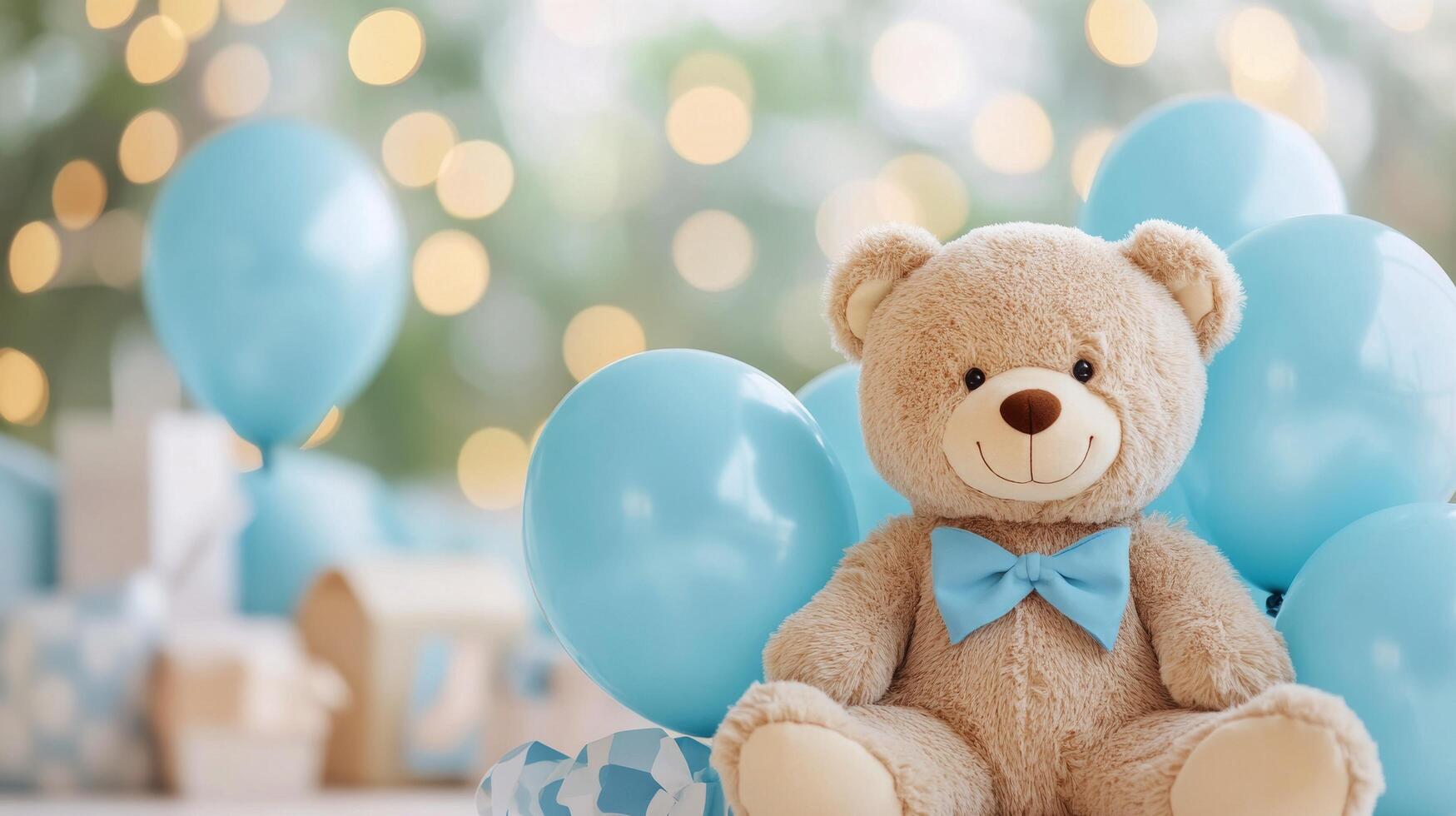 Cute teddy bear with blue balloons at a baby shower celebration photo