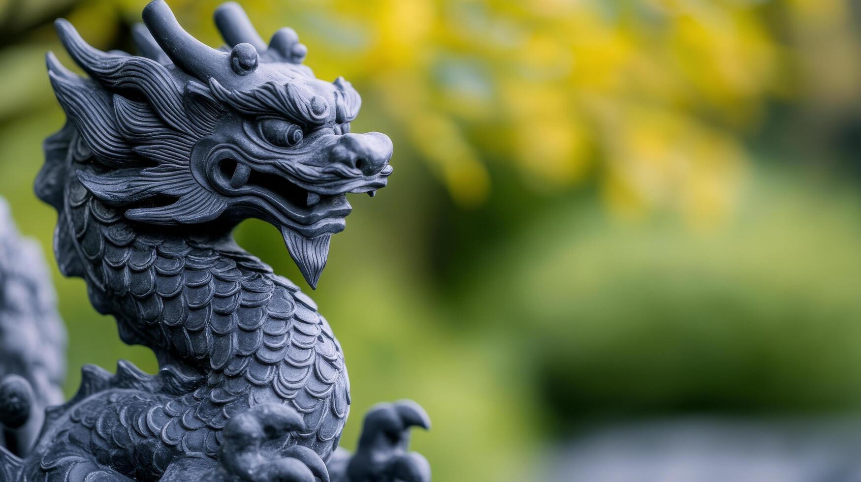 Stone dragon sculpture detailed against blurred greenery in a tranquil garden photo