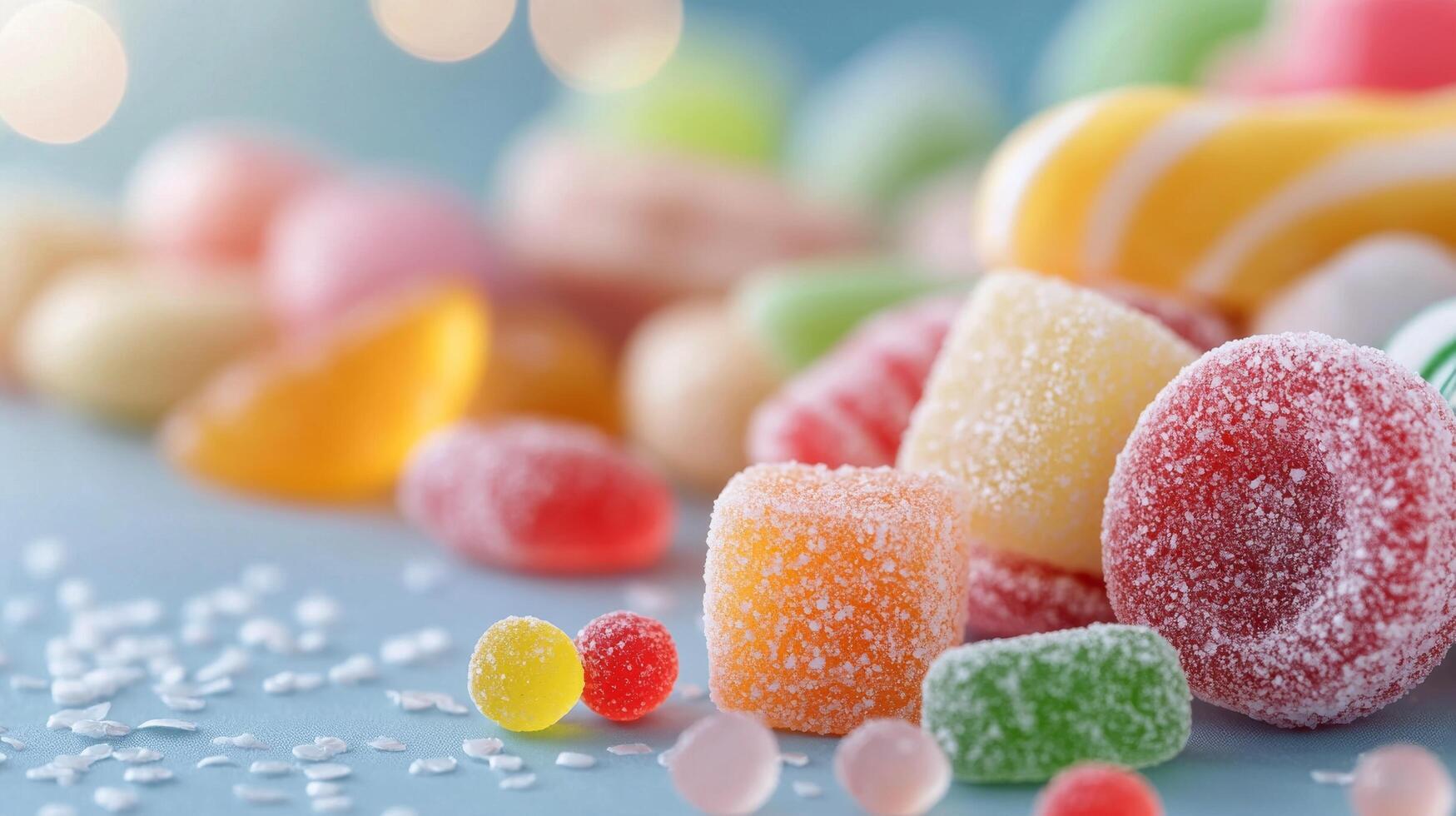 Colorful assortment of sugary candies on a dark surface with small bowls in the background photo