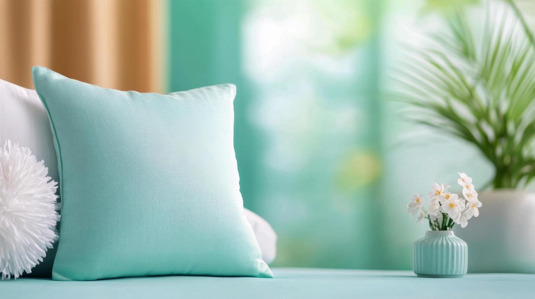 Soft cushions arranged on a turquoise wall backdrop in a bright interior setting photo