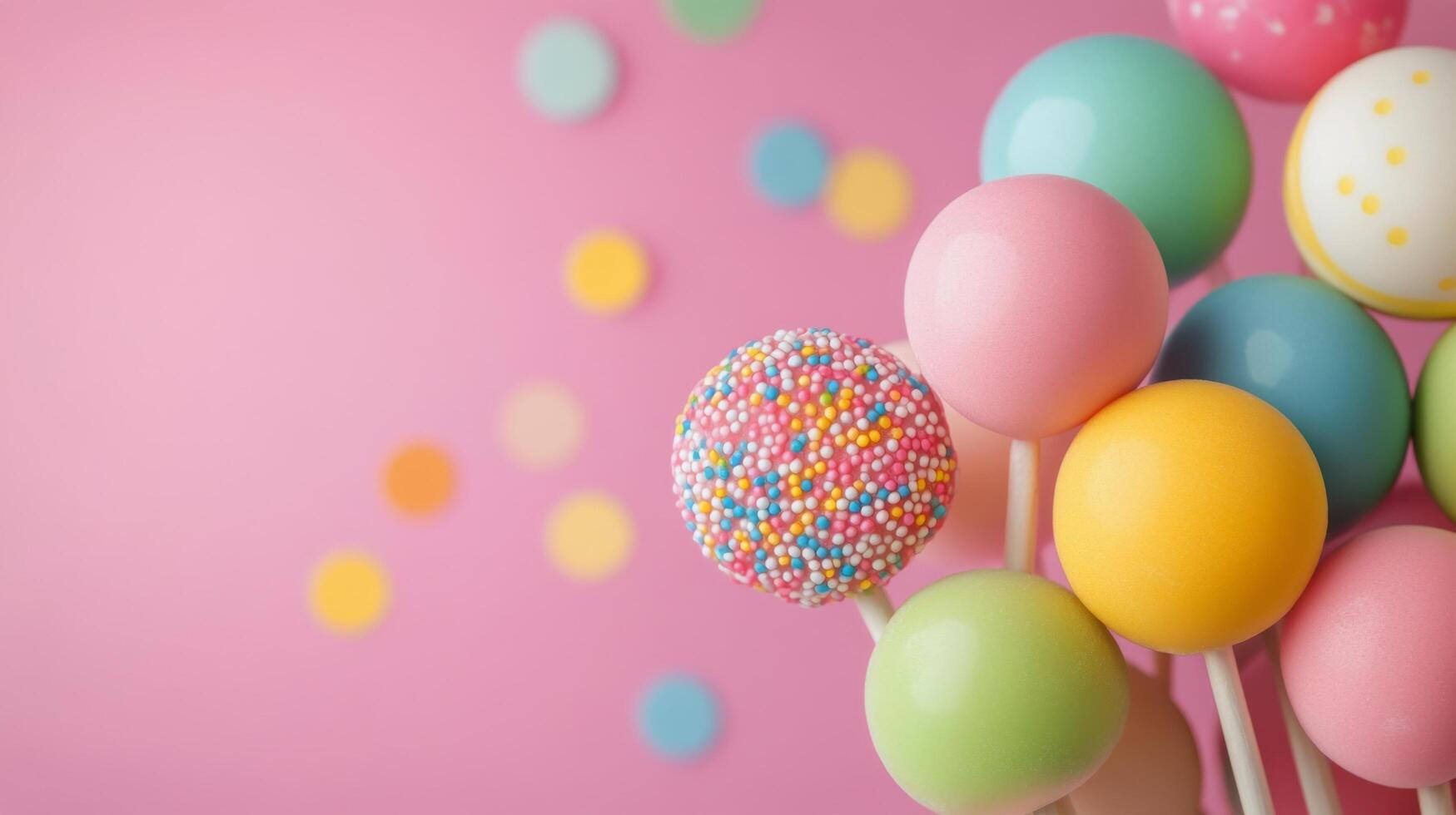 Colorful swirl lollipops with sprinkles against a blurred blue background photo