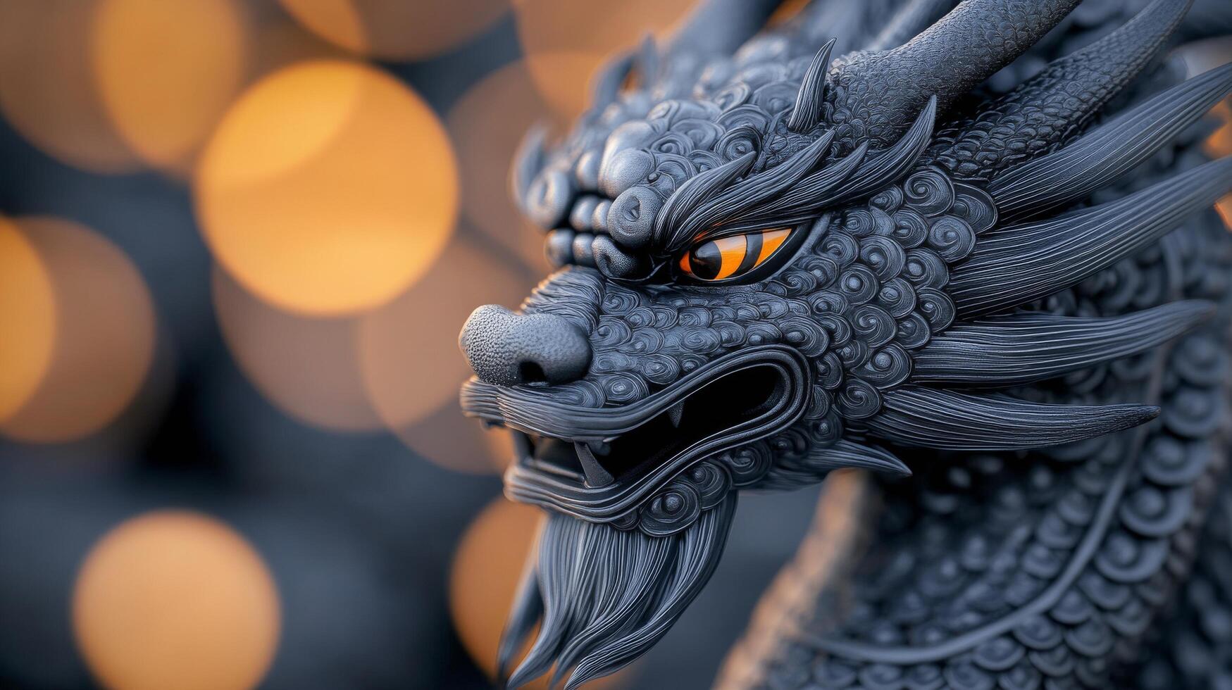 Stone dragon sculpture detailed against blurred greenery in a tranquil garden photo