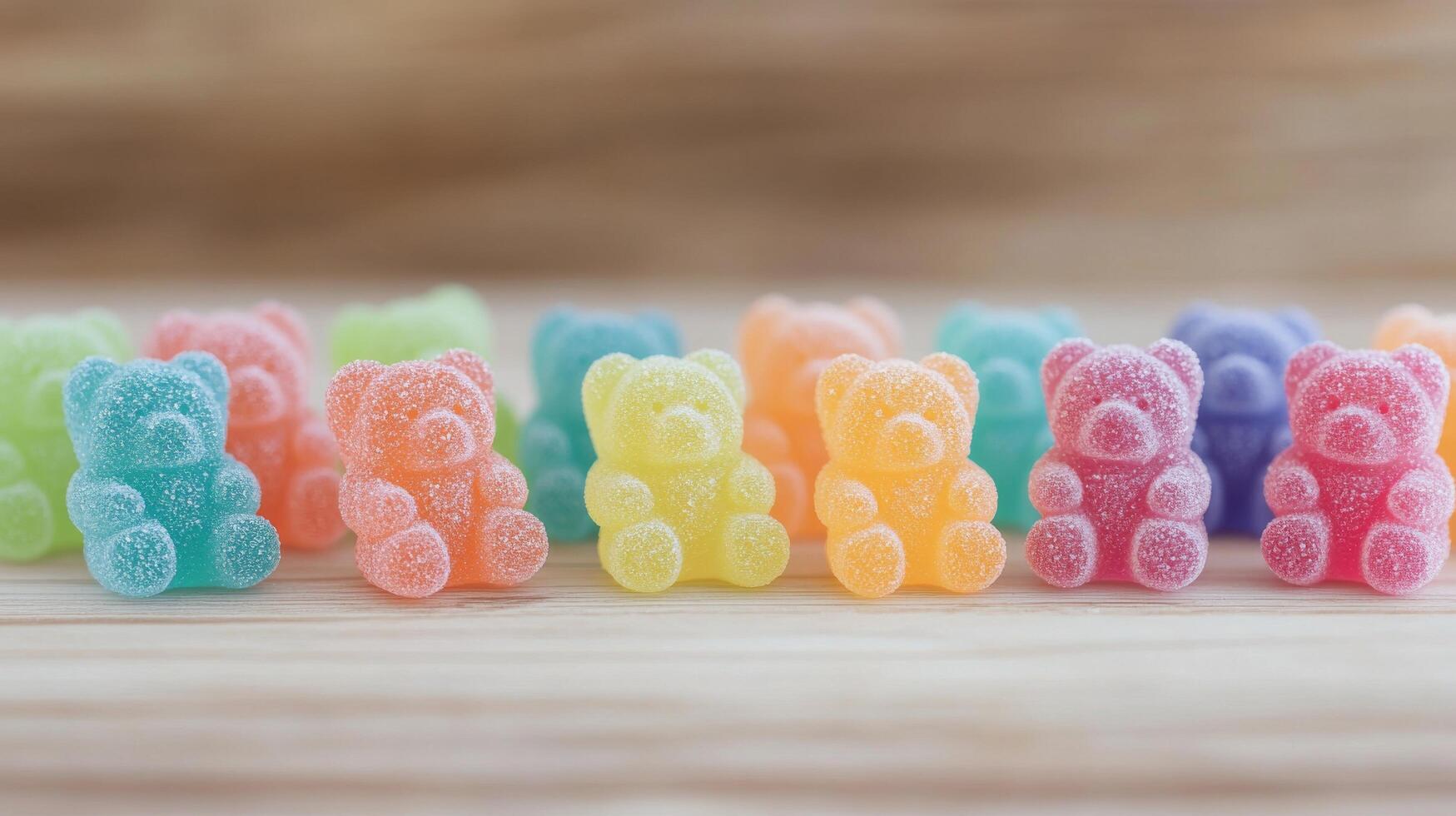 Colorful gummy bears lined up on a wooden surface in soft natural light photo