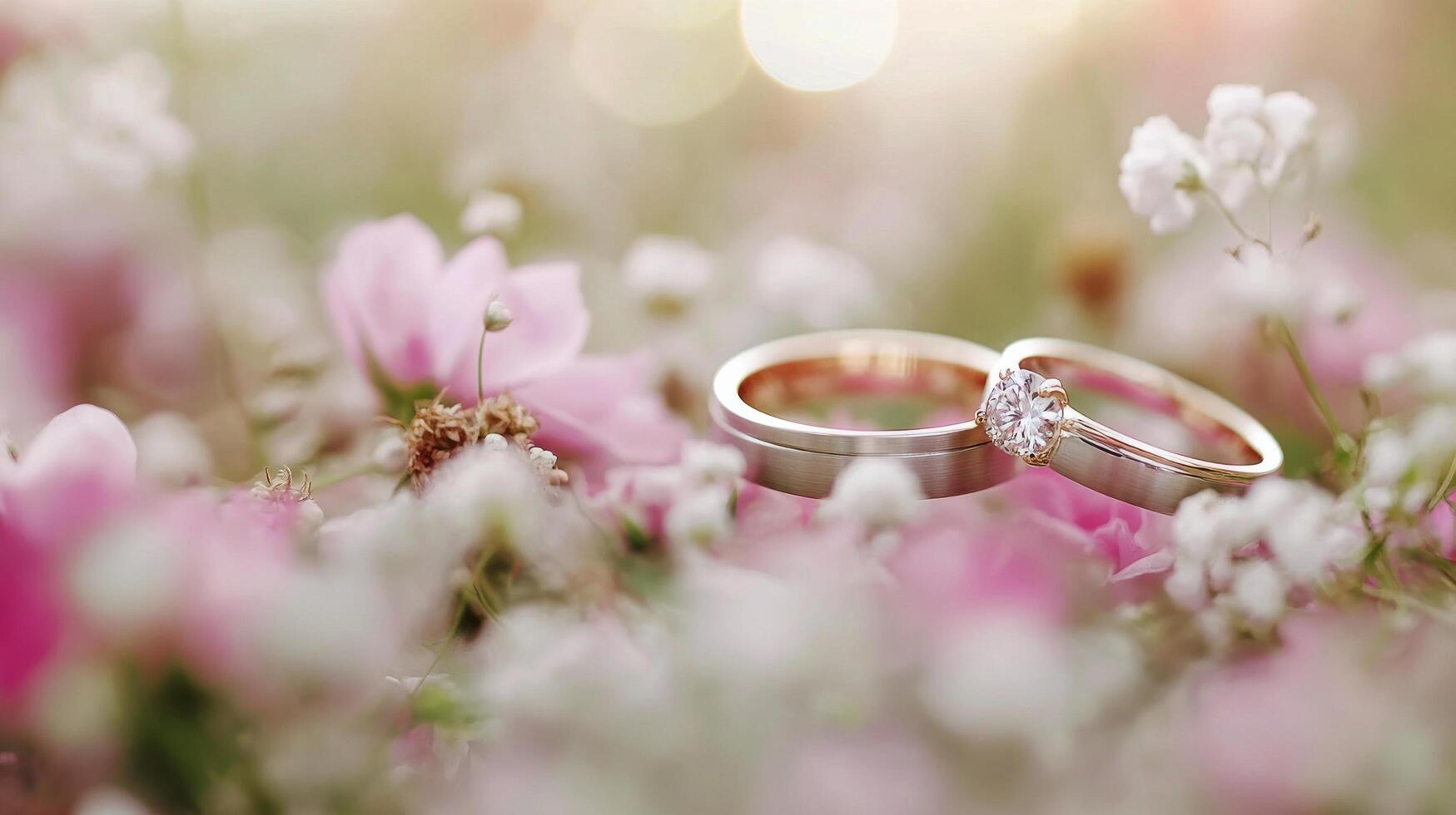 Elegant wedding rings surrounded by soft pink roses and delicate white flowers photo