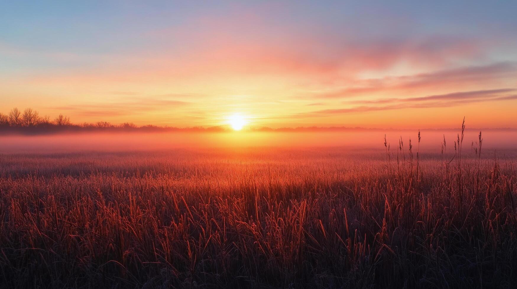 Sunrise over tranquil meadow with barbed wire and grass in soft morning light photo