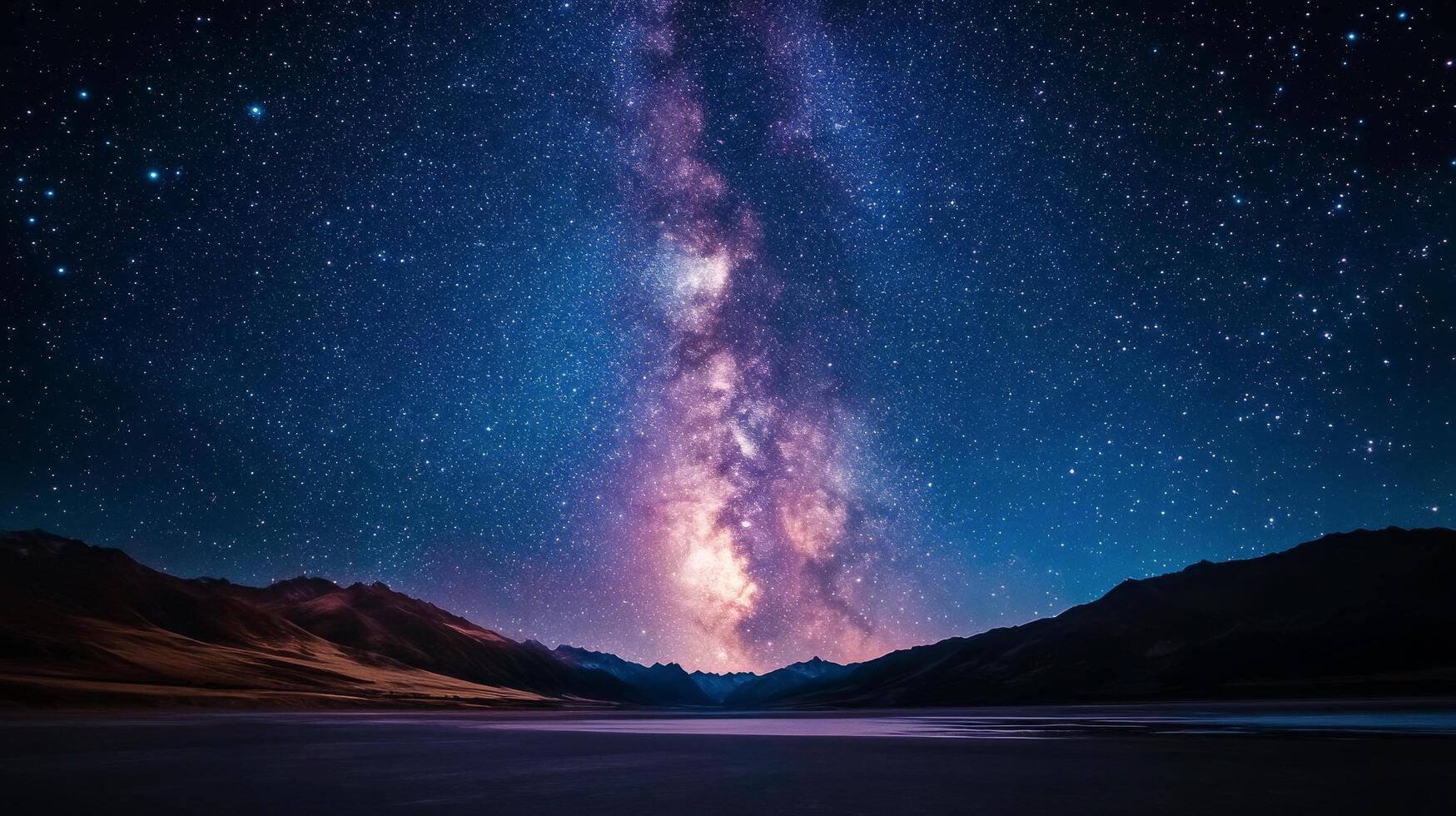 Starry night sky over calm lake surrounded by mountain ranges at twilight photo