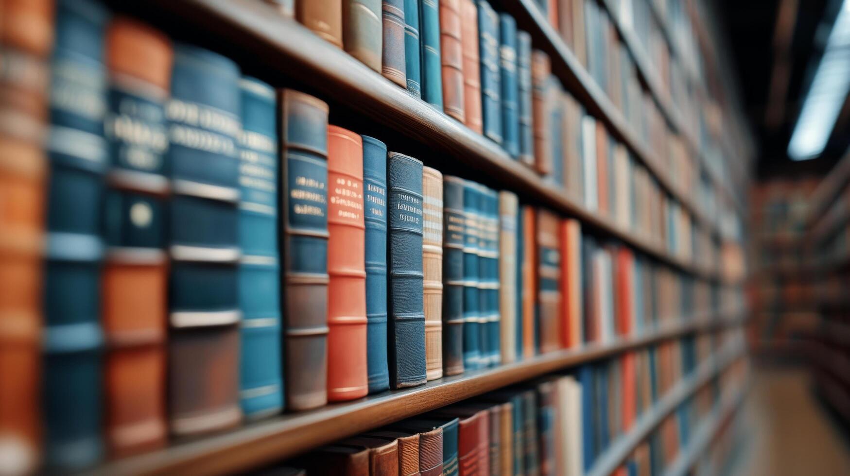 Quiet library corridor lined with shelves of books in a modern setting photo