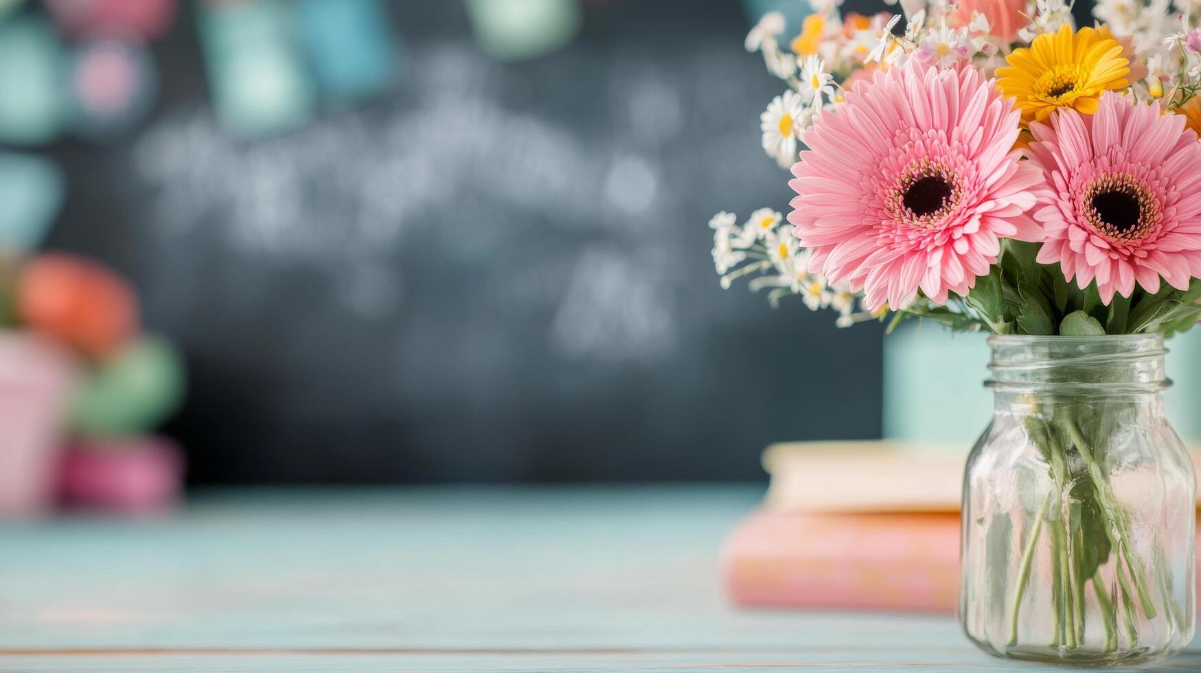 Colorful bouquet of daisies held by a person in a classroom with a blackboard in the background photo