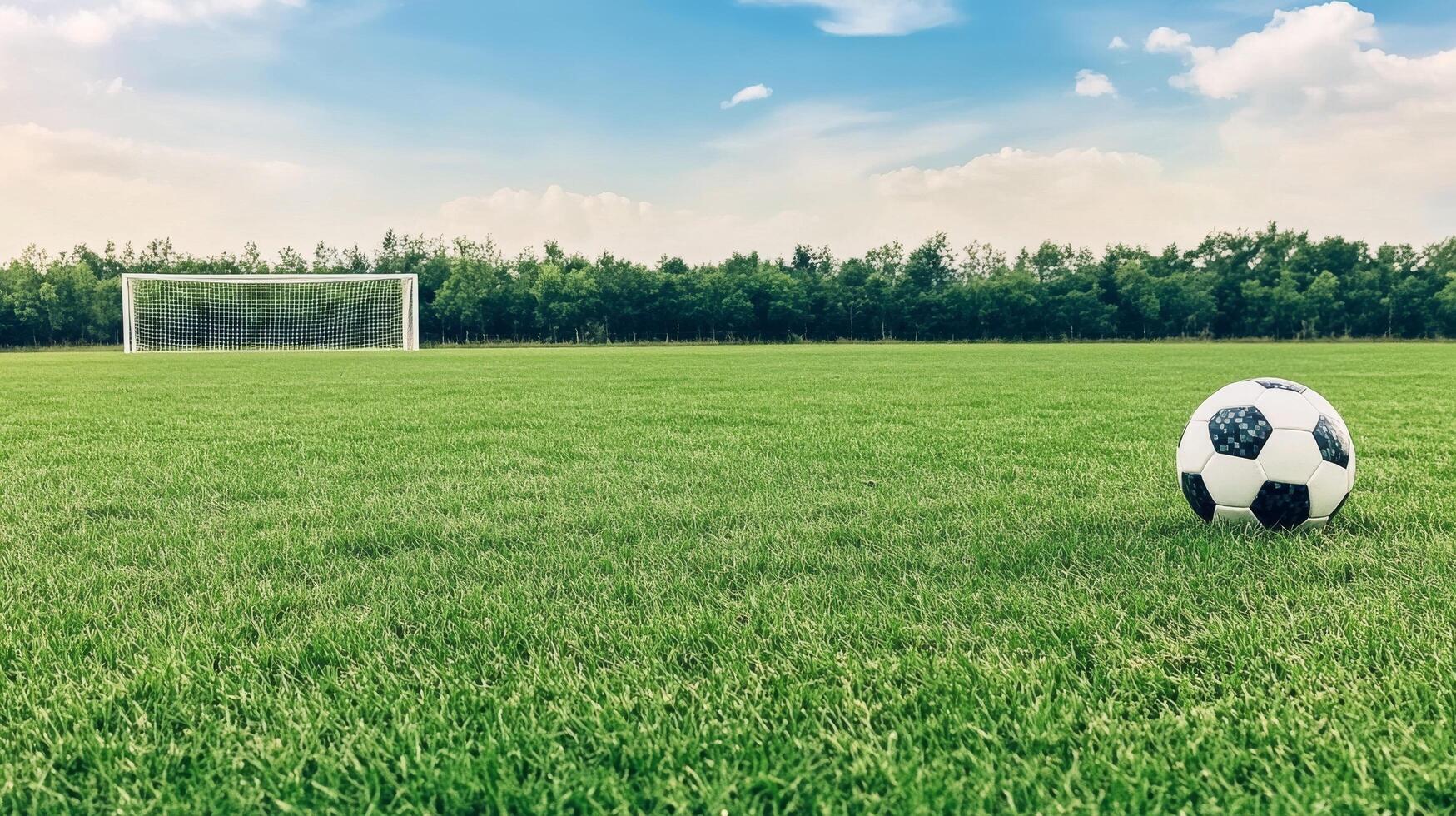 A soccer goal stands in a grassy field with mountains under a blue sky photo