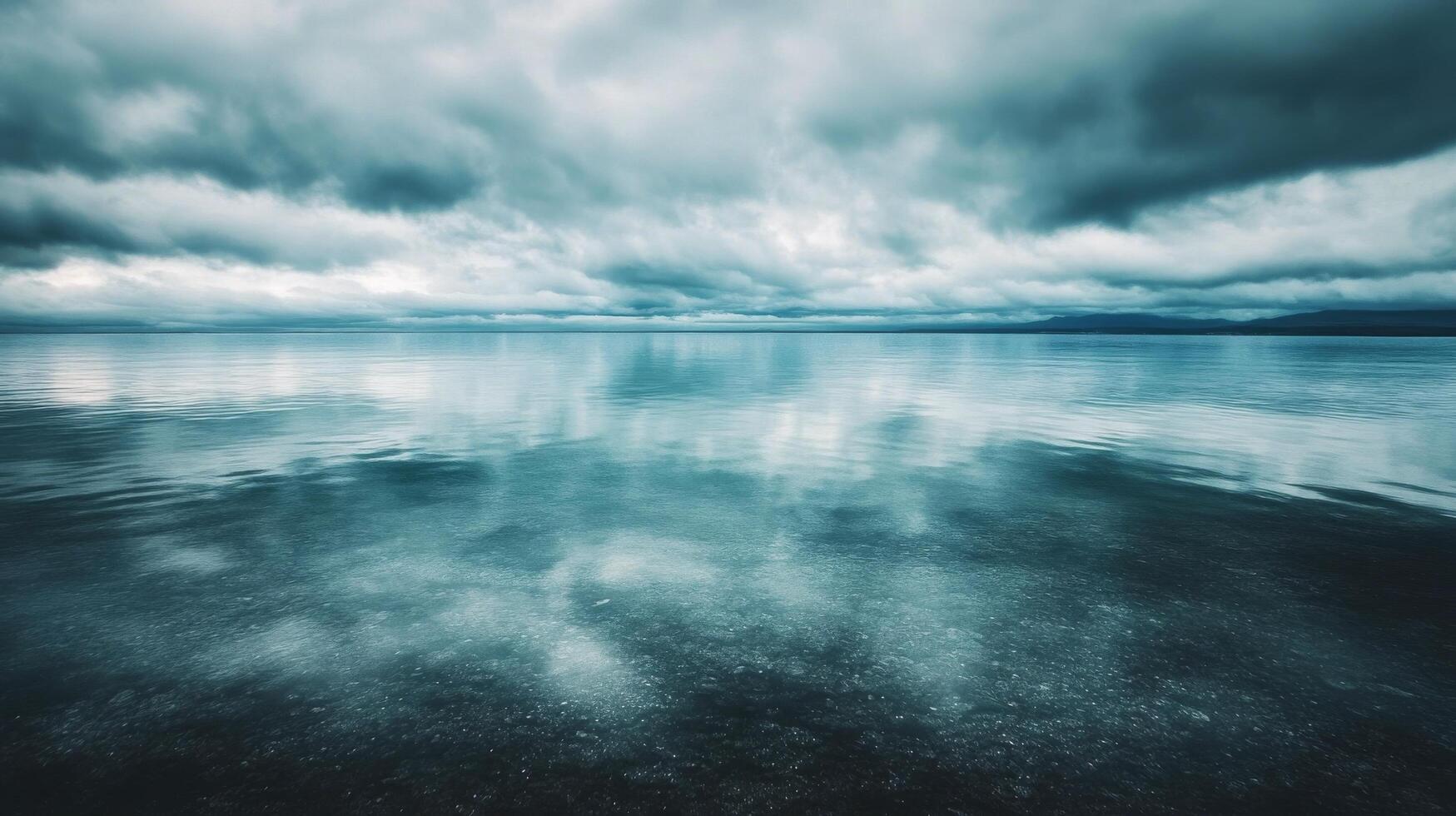 Calm lake reflecting cloudy skies in a tranquil natural setting photo
