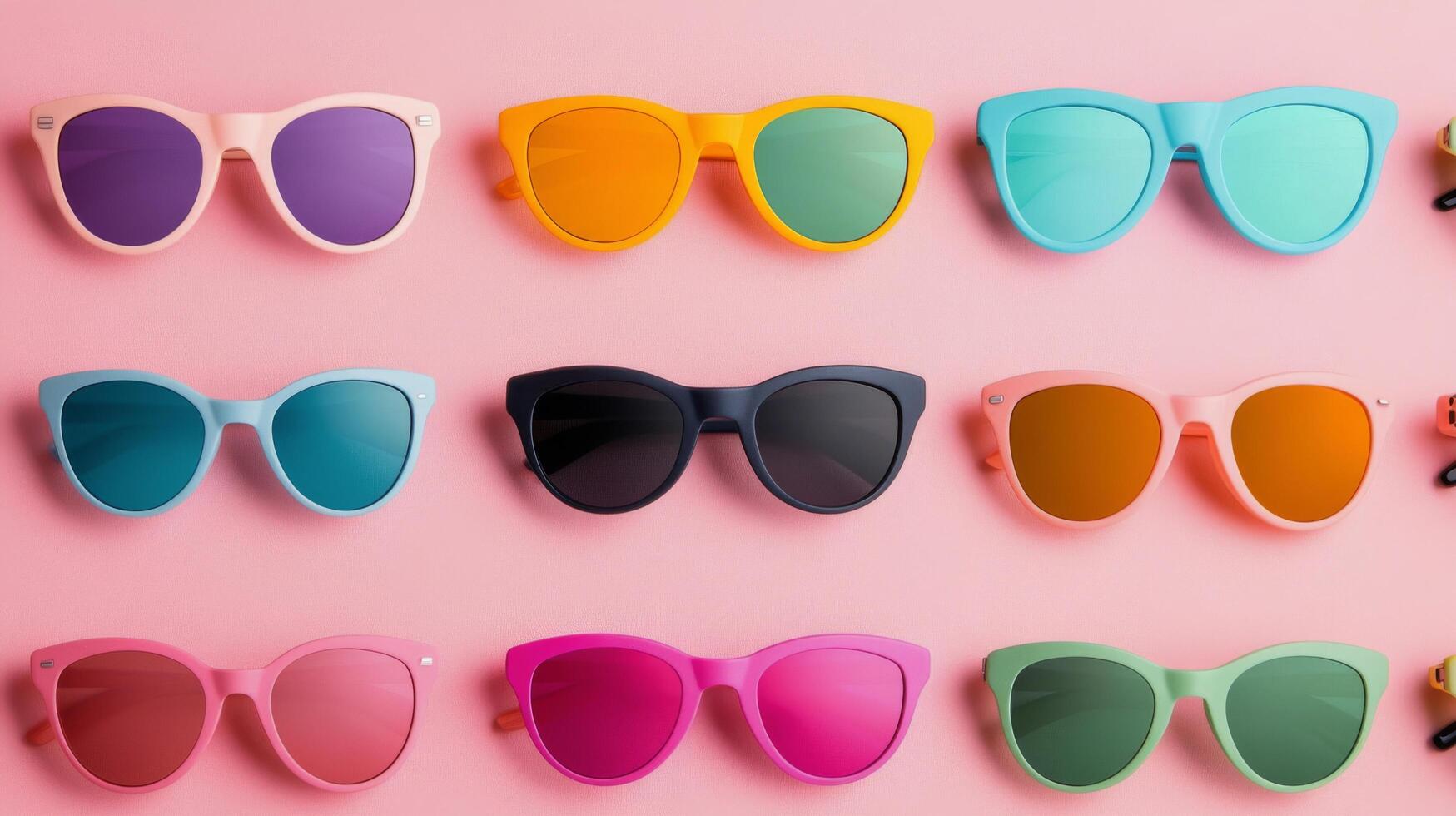 Colorful sunglasses displayed on a vibrant pink background for summer fashion photo