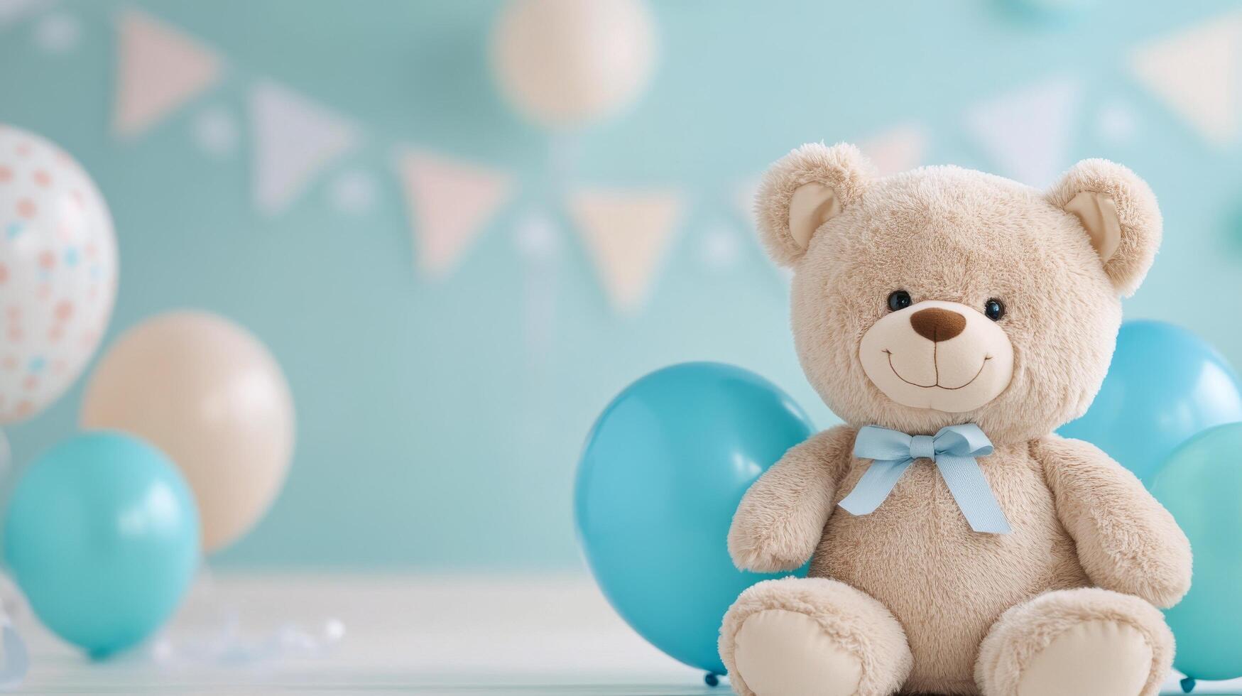 Cute teddy bear with blue balloons at a baby shower celebration photo