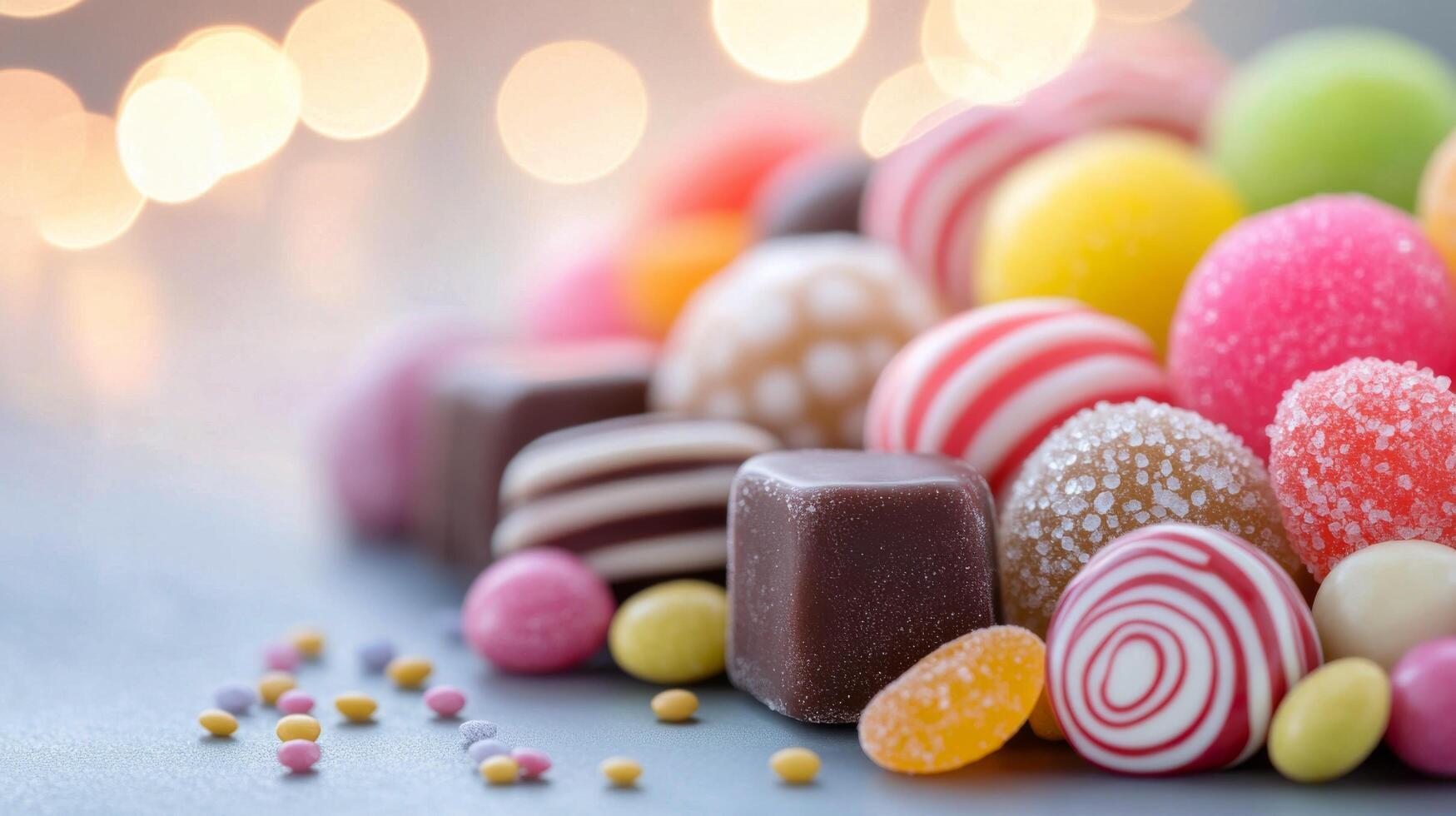 Colorful assortment of sugary candies on a dark surface with small bowls in the background photo
