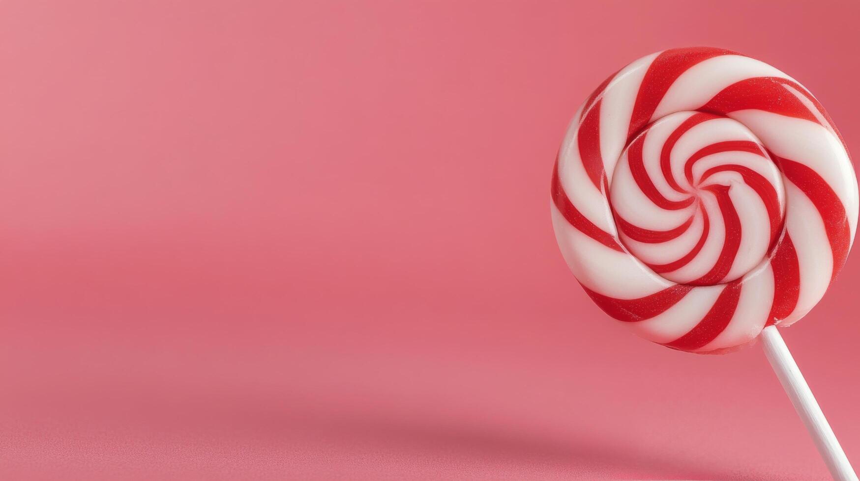 Red and white swirled lollipop against a pink background photo