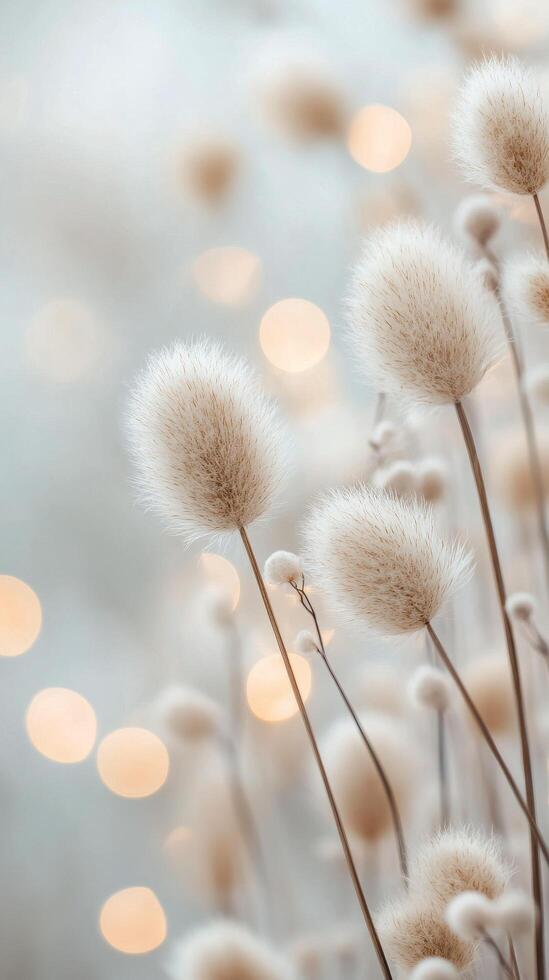 Soft, fluffy plant stems illuminated by warm, blurred lights in a tranquil setting photo