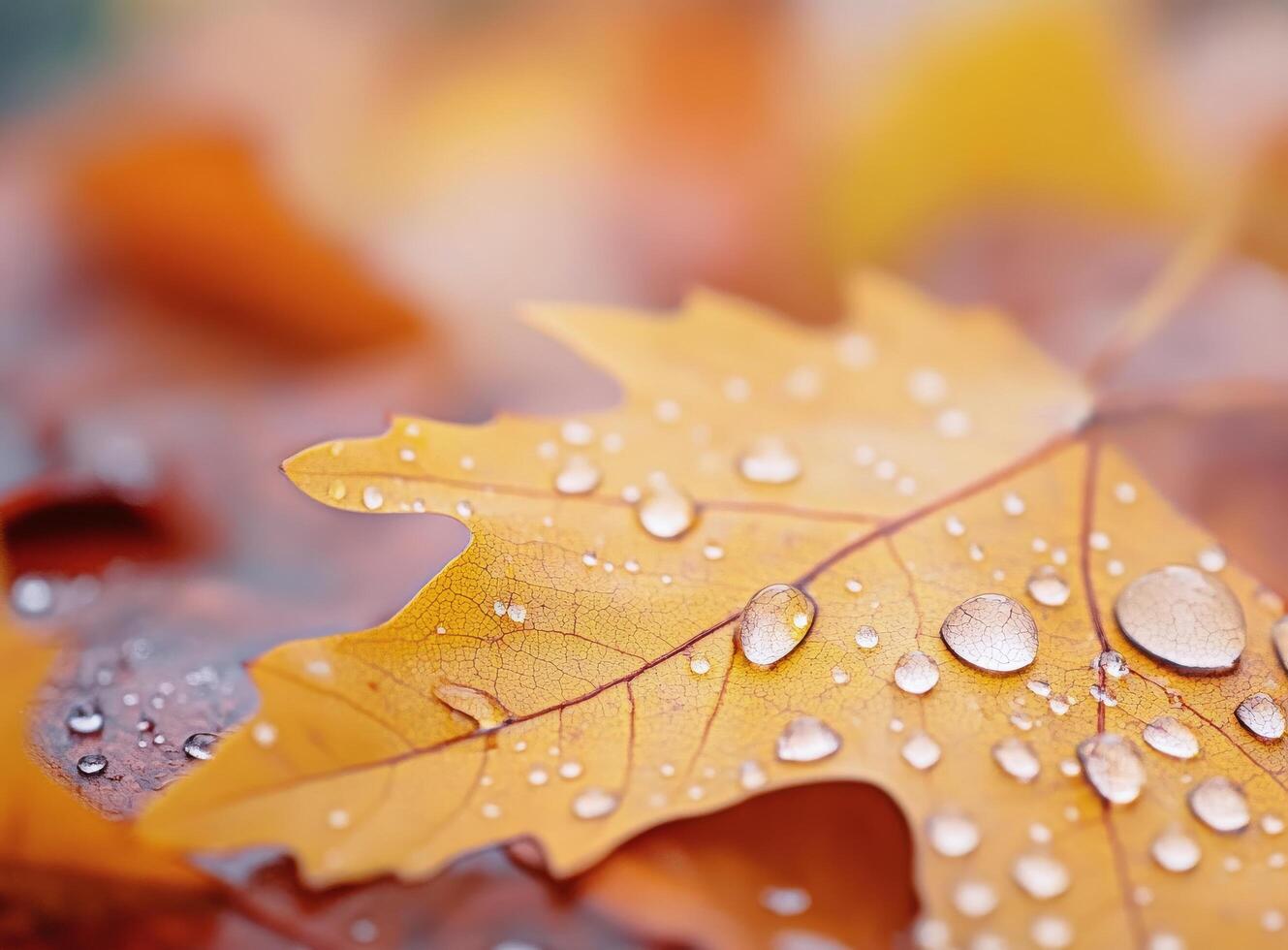 Rain-soaked autumn leaf with droplets in a blurred forest backdrop photo