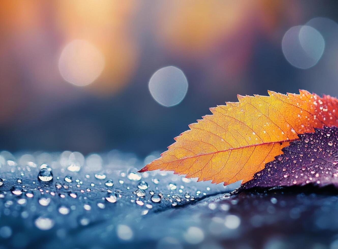 Rain-soaked autumn leaf with droplets in a blurred forest backdrop photo