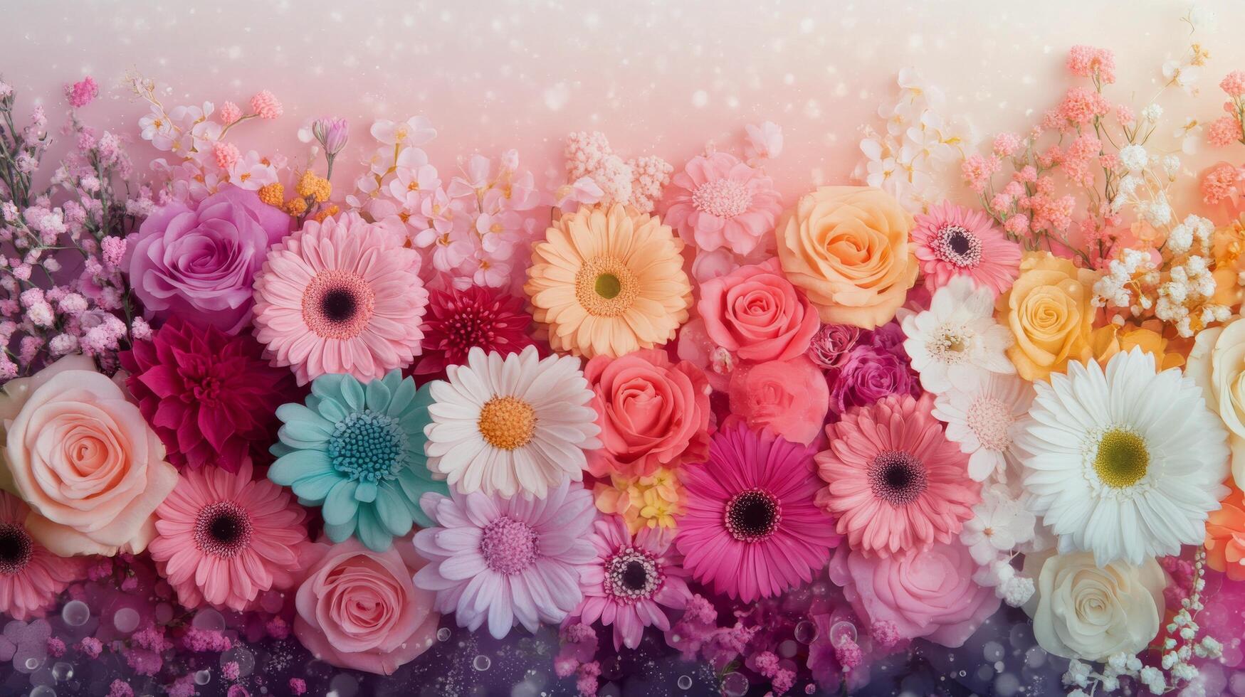 Colorful floral arrangement with various blooms on a dark background photo