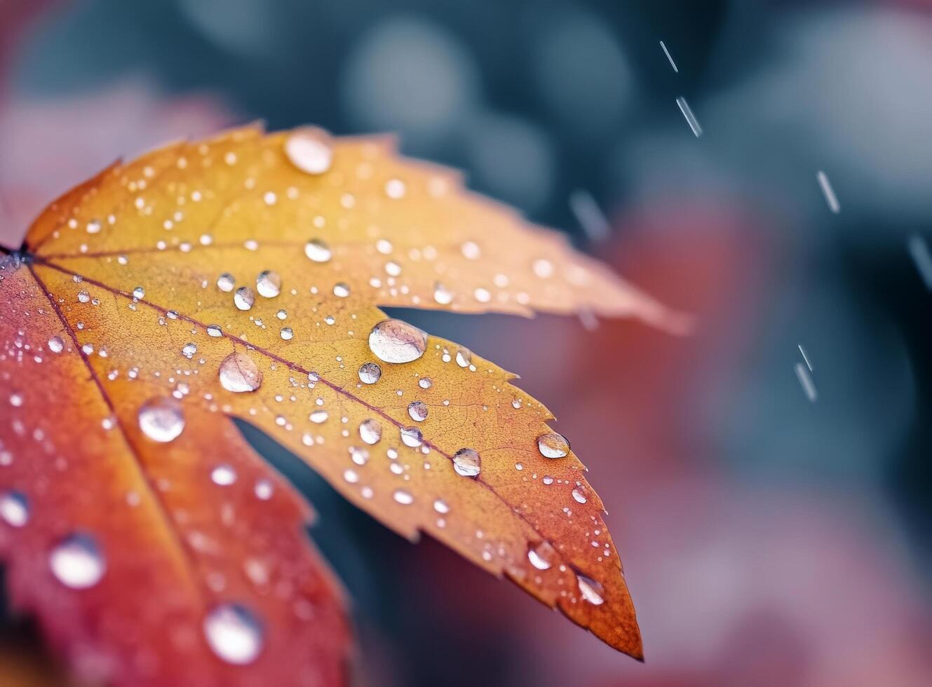 Rain-soaked autumn leaf with droplets in a blurred forest backdrop photo