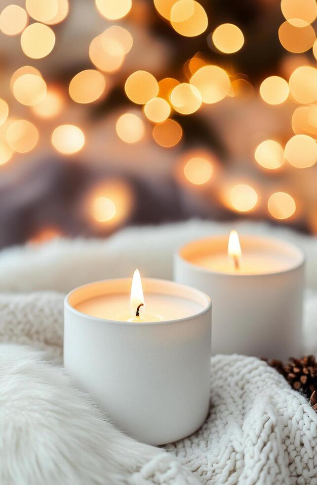 Candles glowing softly on a cozy blanket with bokeh lights in the background photo