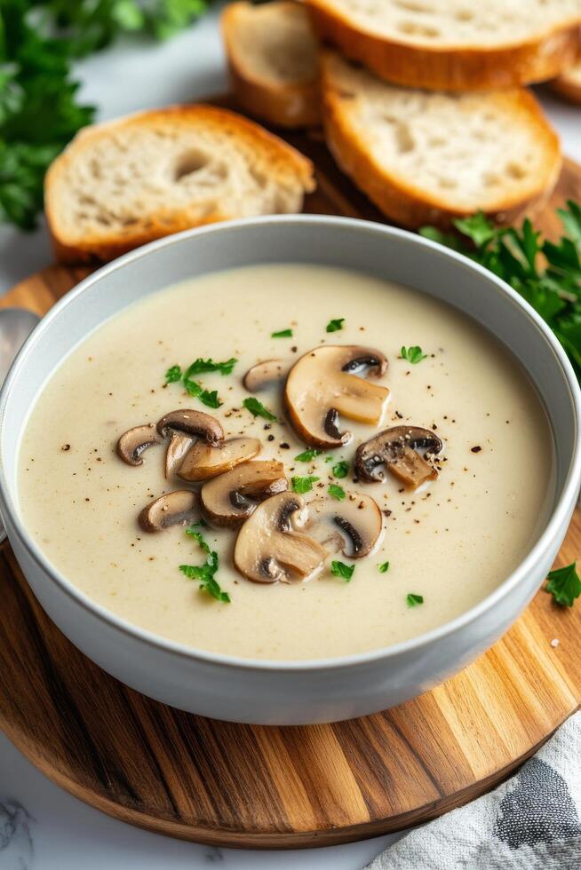 Creamy mushroom soup served with sliced bread on a wooden cutting board photo