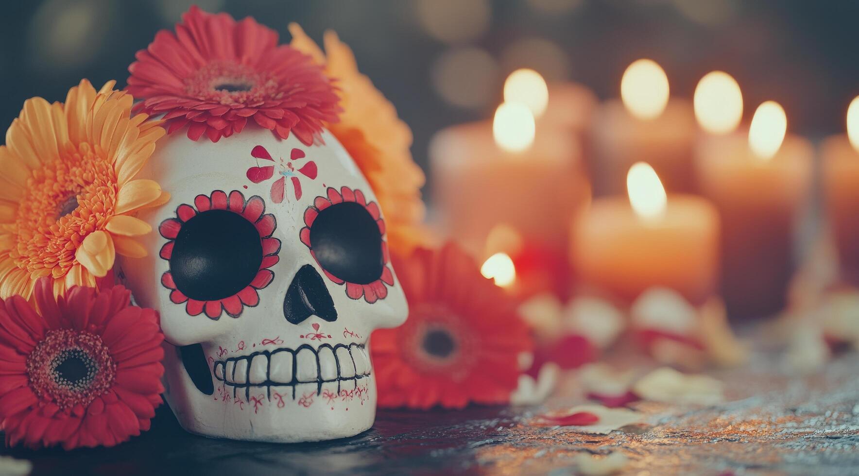 Colorful sugar skull with marigolds and candles during Dia de los Muertos celebration photo