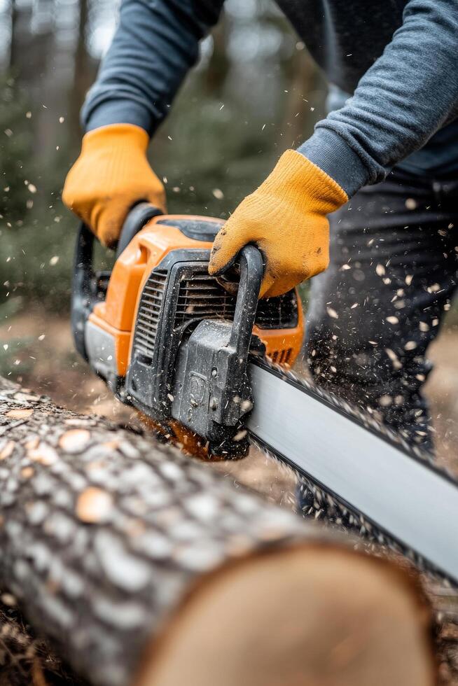Person cutting wood with a chainsaw in a forest during the daytime photo