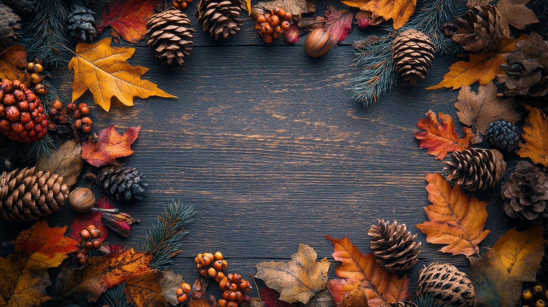 Autumn leaves and citrus fruits arranged on a yellow background photo